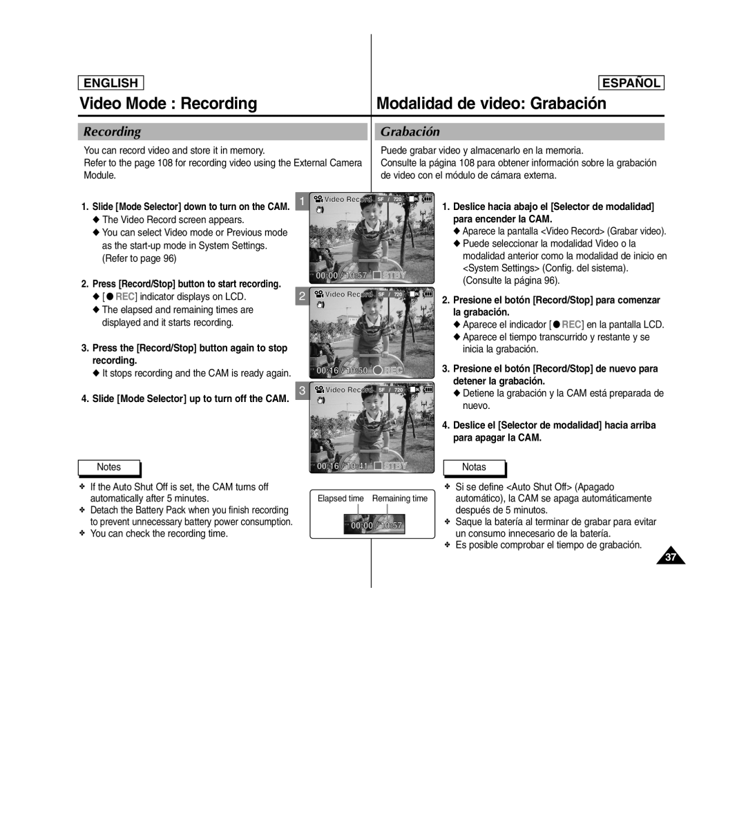 Samsung SC-X110L manual Video Mode Recording, Modalidad de video Grabación, RecordingGrabación 