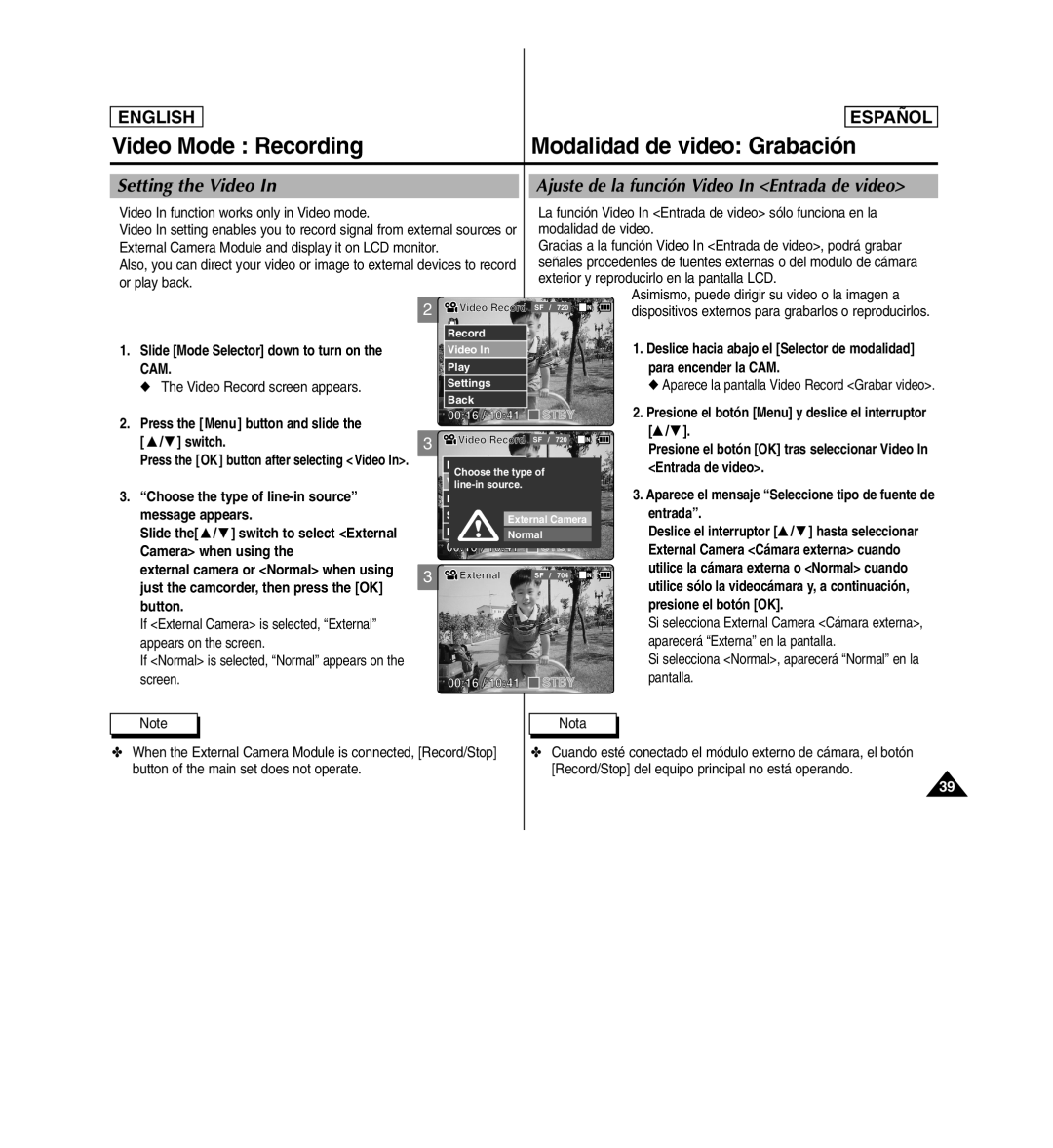 Samsung SC-X110L manual Video Mode Recording Modalidad de video Grabación, Setting the Video 