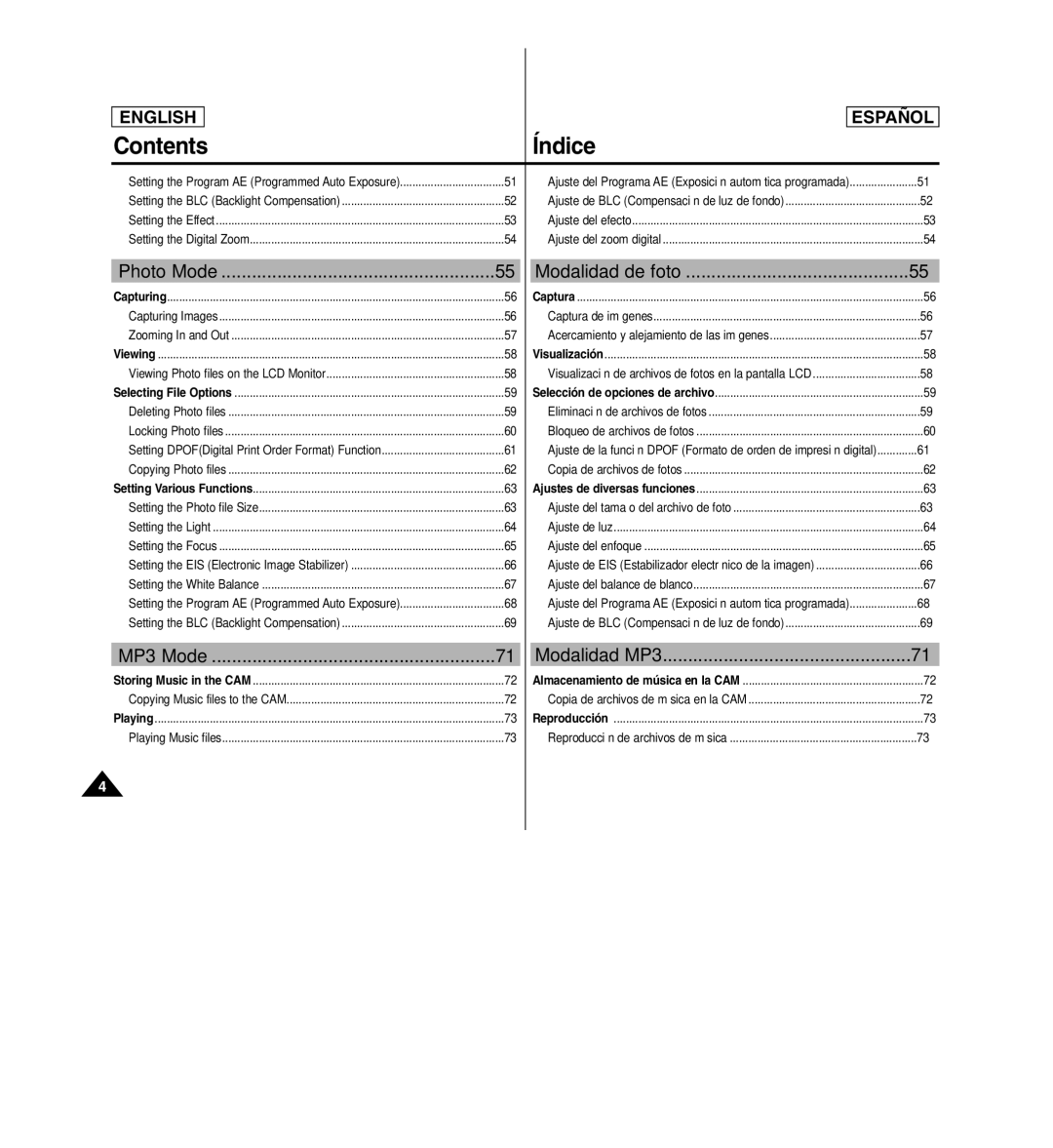 Samsung SC-X110L manual Contents Índice 