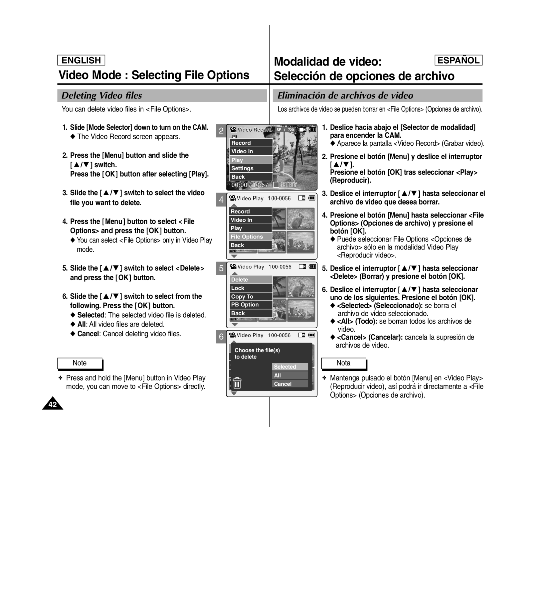 Samsung SC-X110L manual Modalidad de video, Deleting Video files Eliminación de archivos de video 