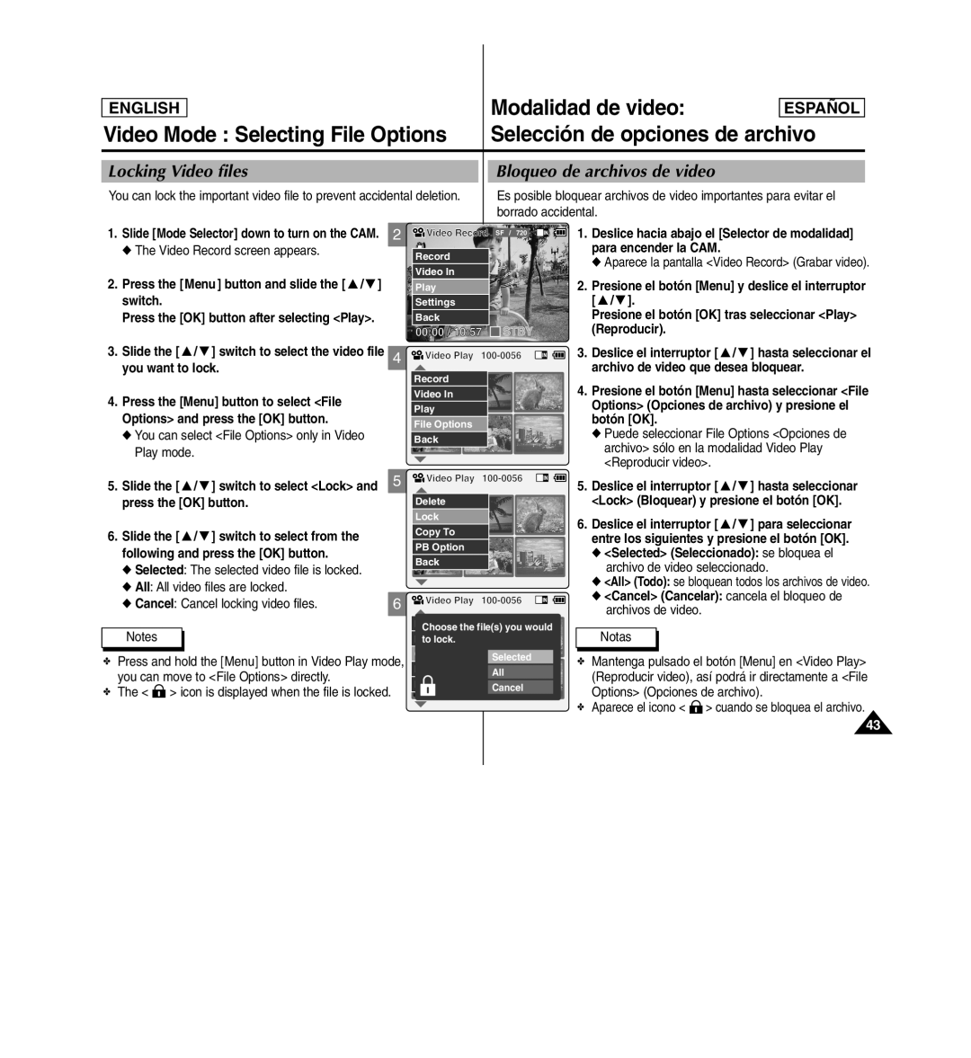 Samsung SC-X110L manual Locking Video files Bloqueo de archivos de video 