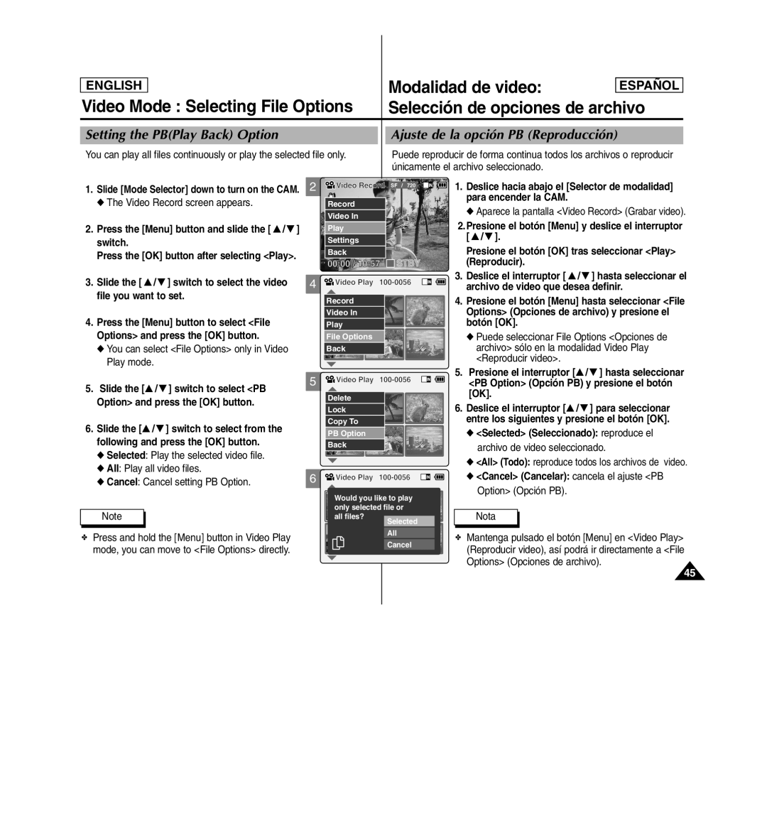 Samsung SC-X110L manual Setting the PBPlay Back Option, Ajuste de la opción PB Reproducción 