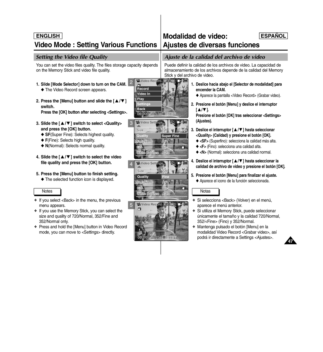 Samsung SC-X110L manual Slide the / switch to select the video, Mantenga pulsado el botón Menu en la 