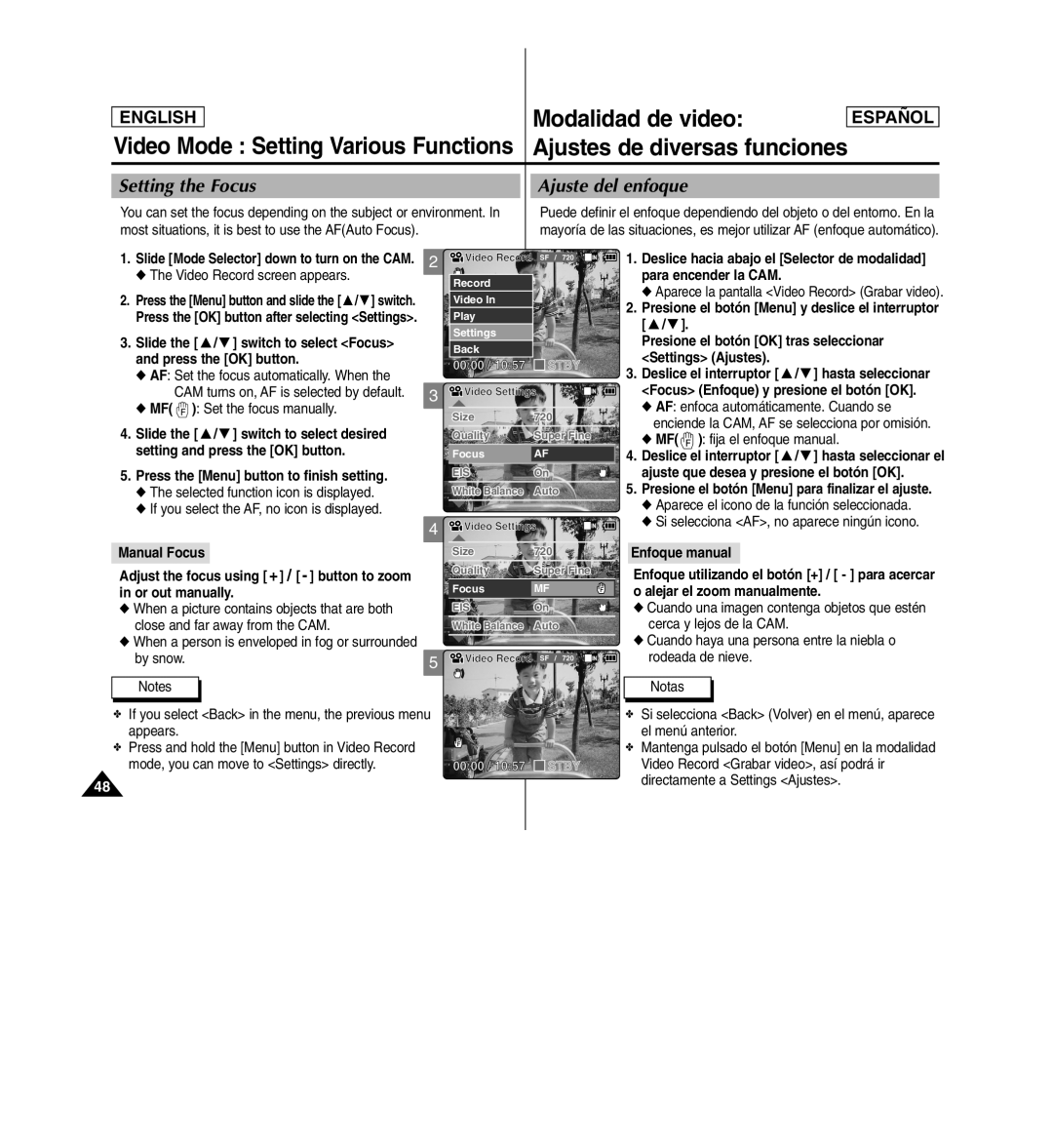 Samsung SC-X110L manual Setting the Focus Ajuste del enfoque, Slide the / switch to select Focus and press the OK button 