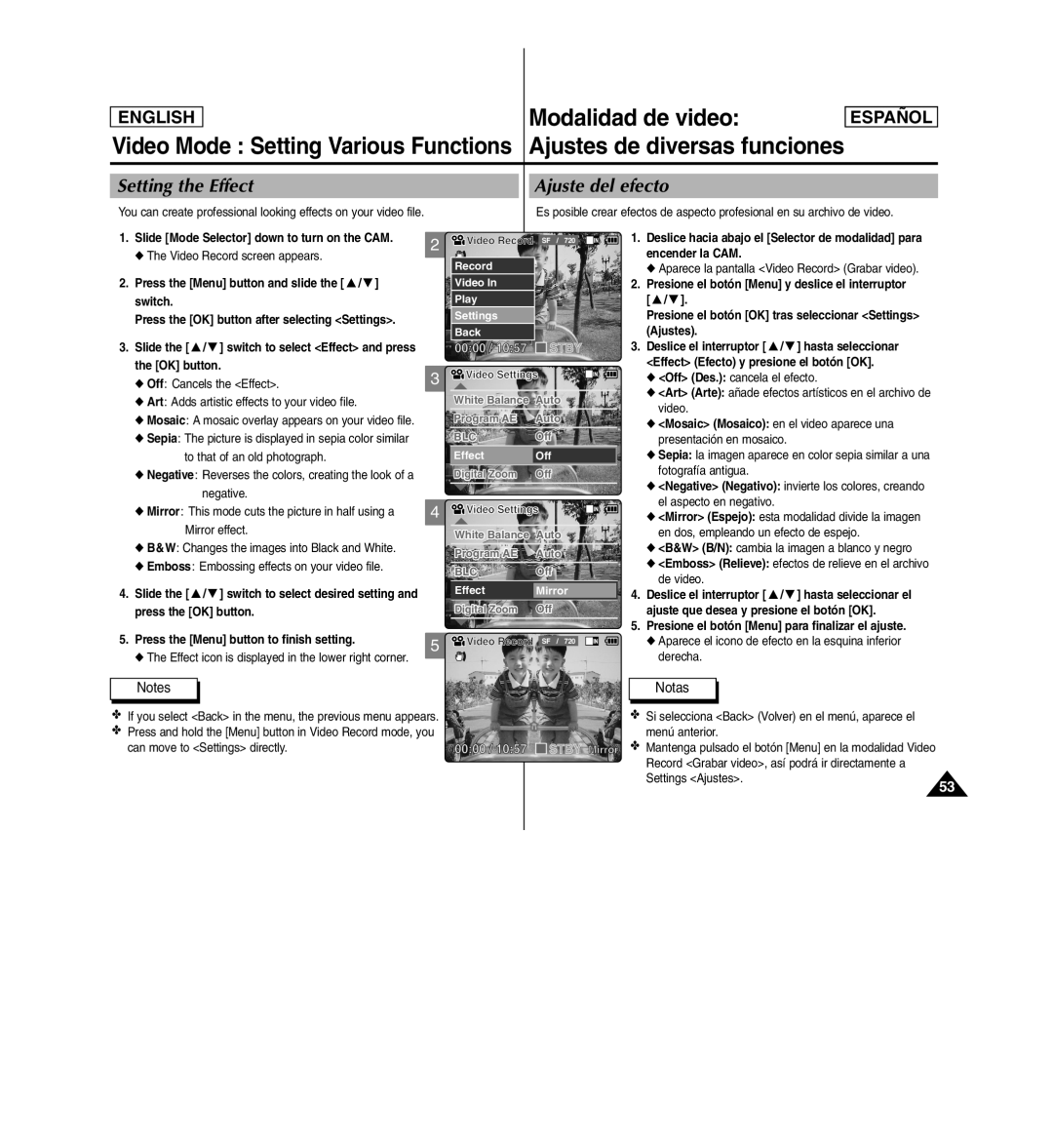 Samsung SC-X110L manual Modalidad de video, Setting the Effect Ajuste del efecto 