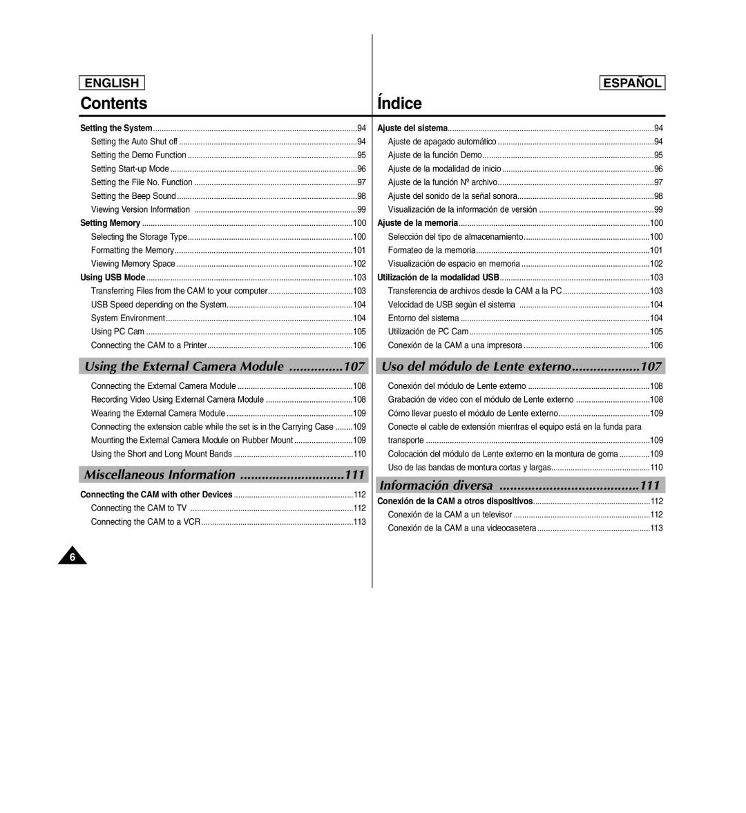 Samsung SC-X110L manual Miscellaneous Information, Información diversa, Using the External Camera Module 107, 111 