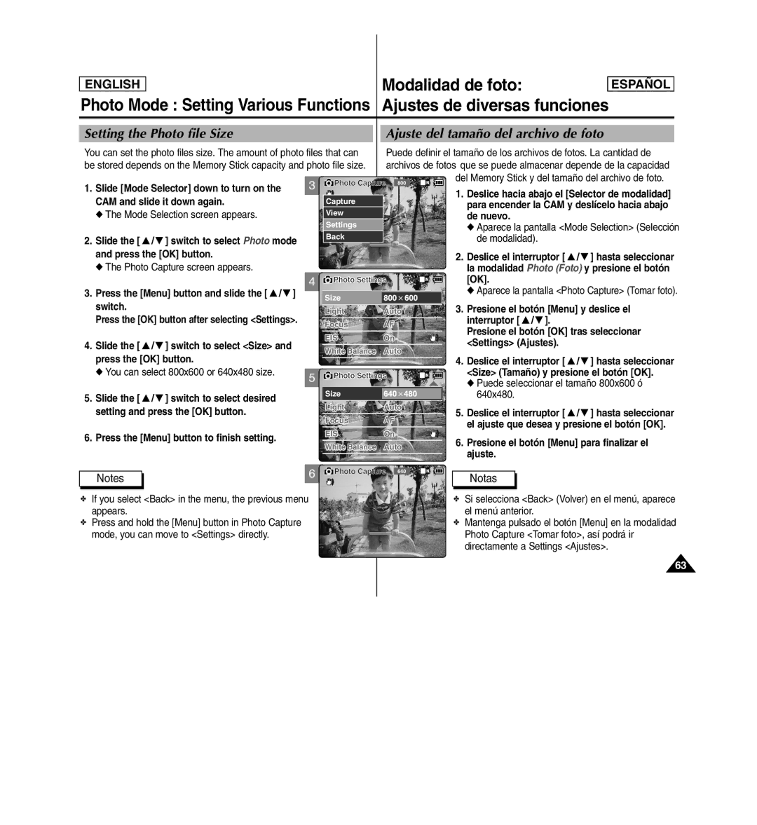 Samsung SC-X110L manual Setting the Photo file Size, Ajuste del tamaño del archivo de foto 