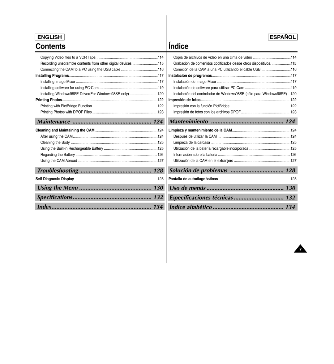 Samsung SC-X110L manual Maintenance, Mantenimiento, Troubleshooting, Solución de problemas 128, Using the Menu, 132, Index 