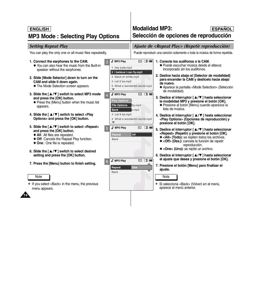 Samsung SC-X110L manual MP3 Mode Selecting Play Options, Selección de opciones de reproducción, Setting Repeat Play 