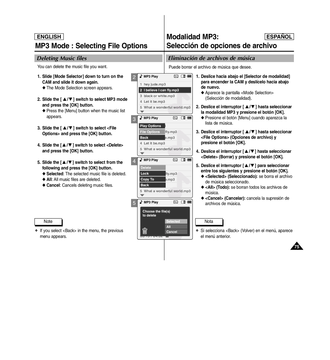 Samsung SC-X110L manual Deleting Music files, Eliminación de archivos de música 