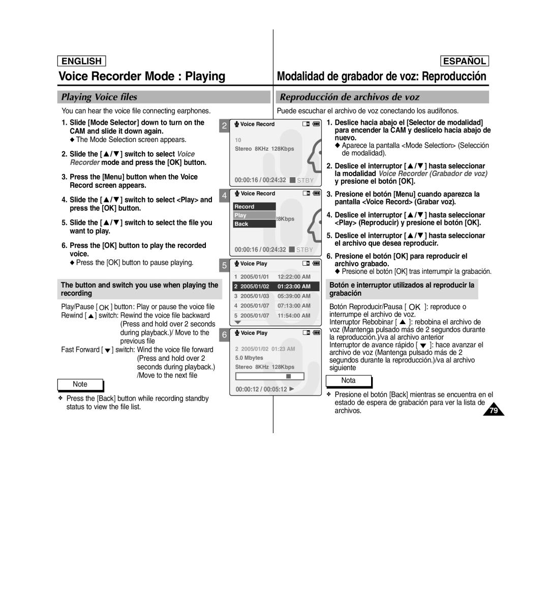 Samsung SC-X110L manual Playing Voice files Reproducción de archivos de voz 