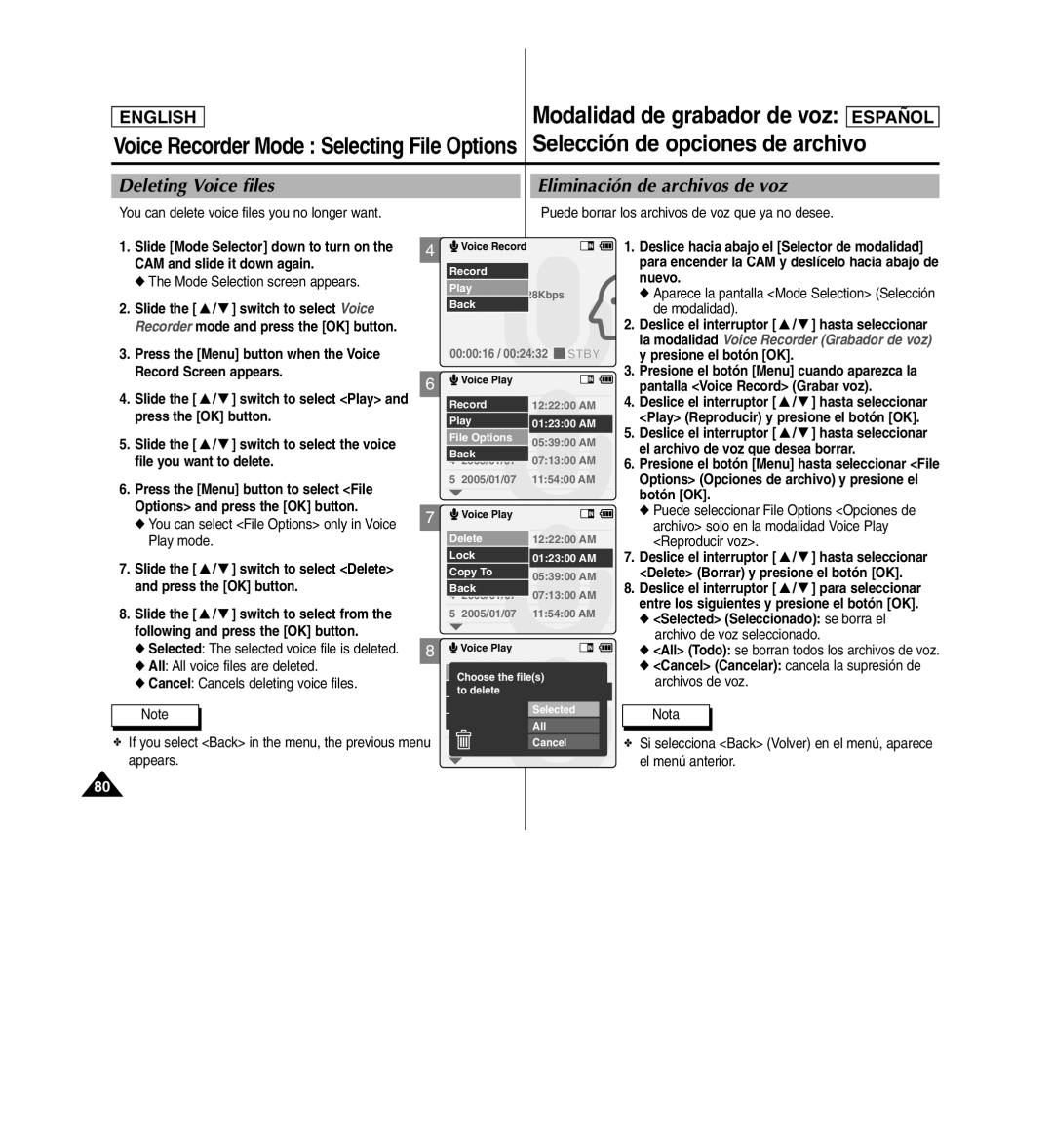 Samsung SC-X110L manual Modalidad de grabador de voz, Deleting Voice files, Eliminación de archivos de voz 