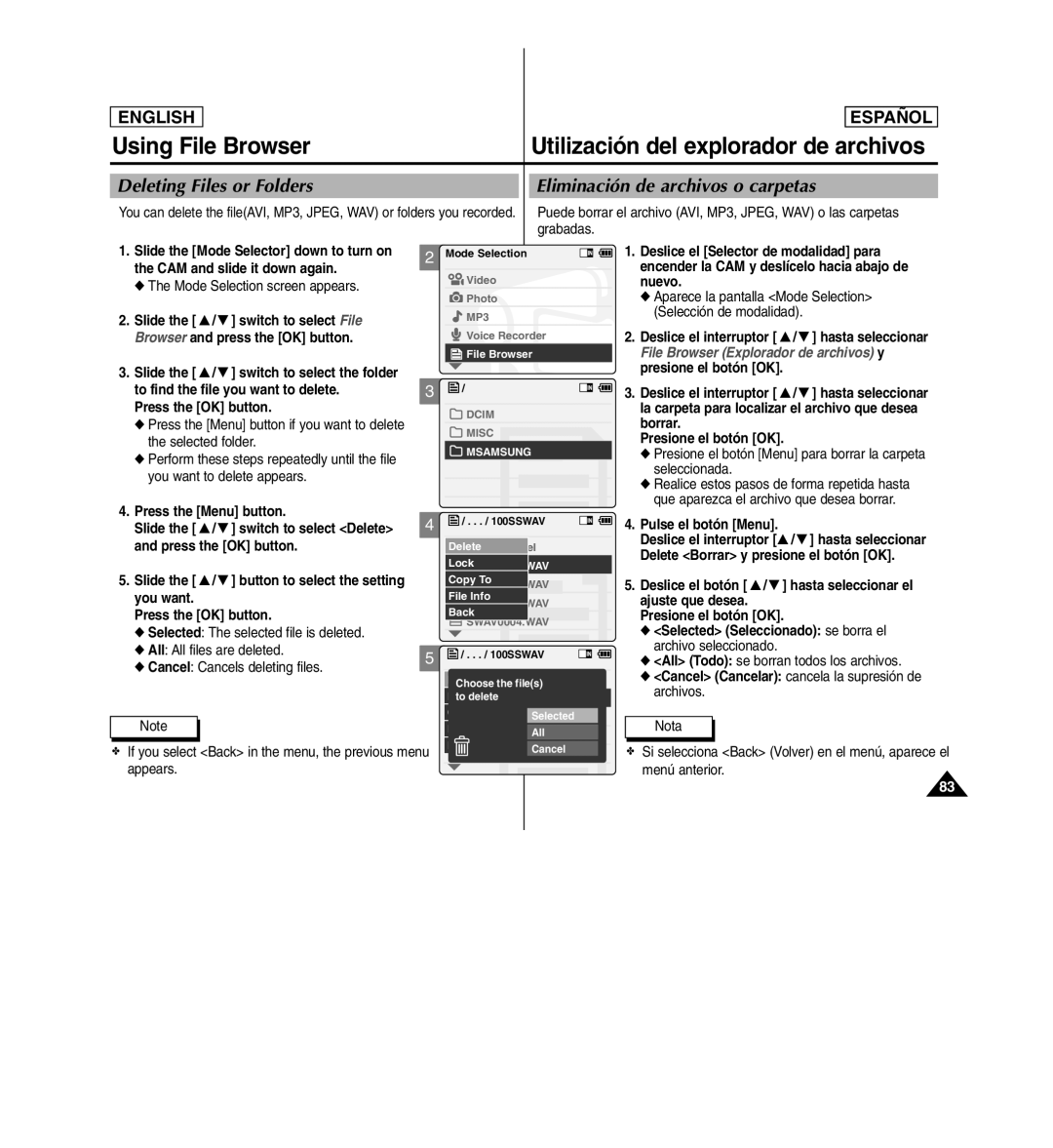 Samsung SC-X110L manual Using File Browser, Utilización del explorador de archivos, Deleting Files or Folders 