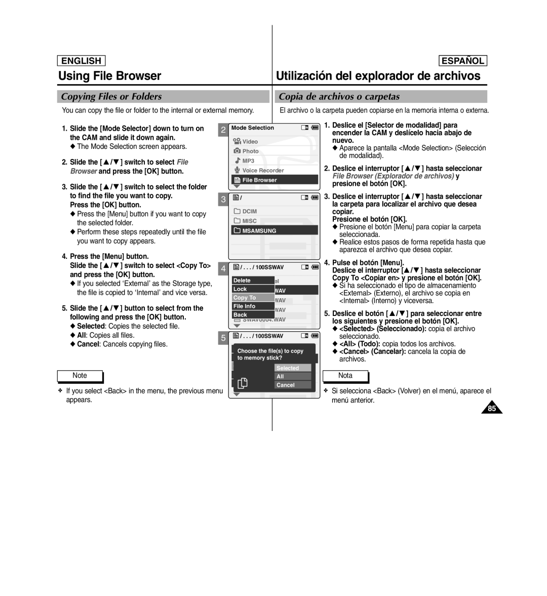 Samsung SC-X110L manual Copying Files or Folders, Copia de archivos o carpetas 