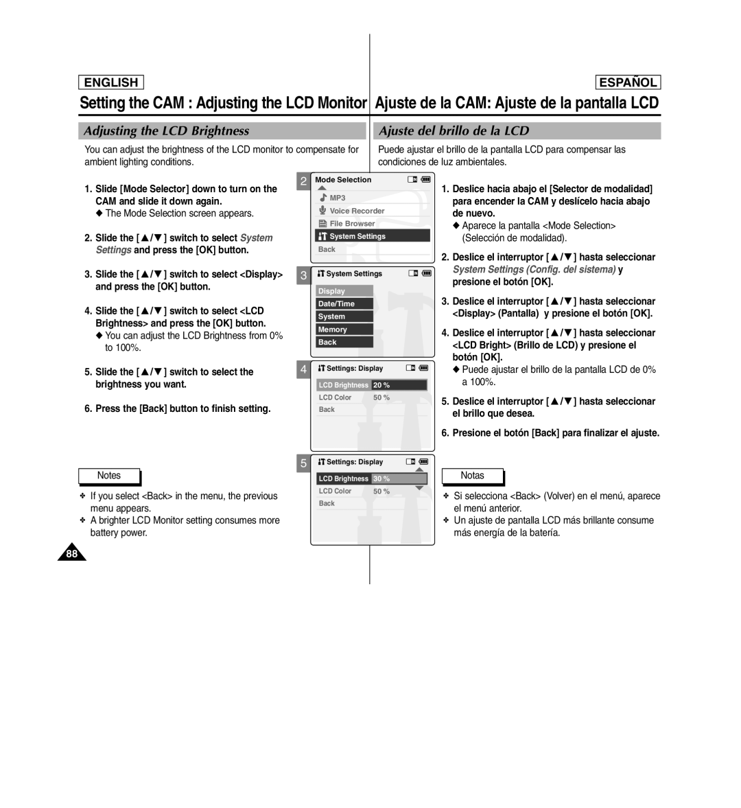 Samsung SC-X110L manual Adjusting the LCD Brightness Ajuste del brillo de la LCD, Brightness and press the OK button 