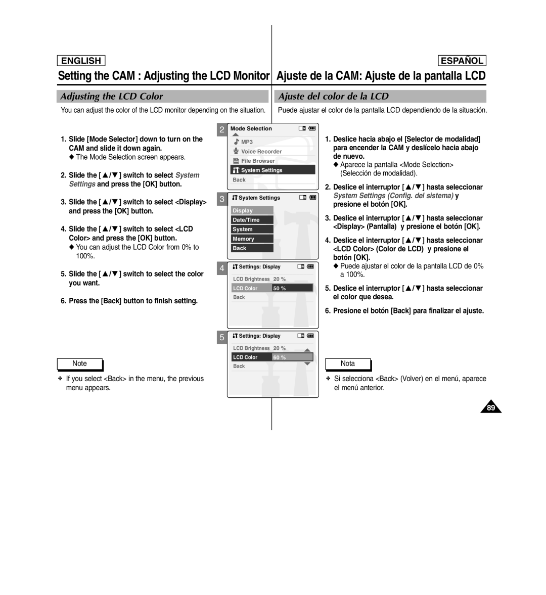 Samsung SC-X110L manual Adjusting the LCD Color Ajuste del color de la LCD 