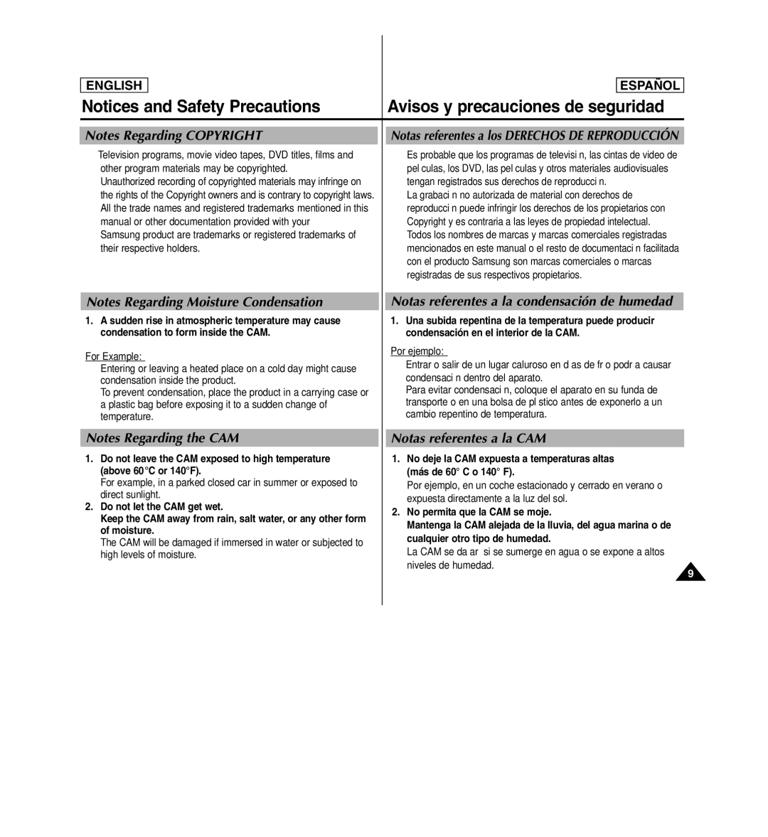 Samsung SC-X110L manual Notas referentes a la condensación de humedad, Notas referentes a la CAM 