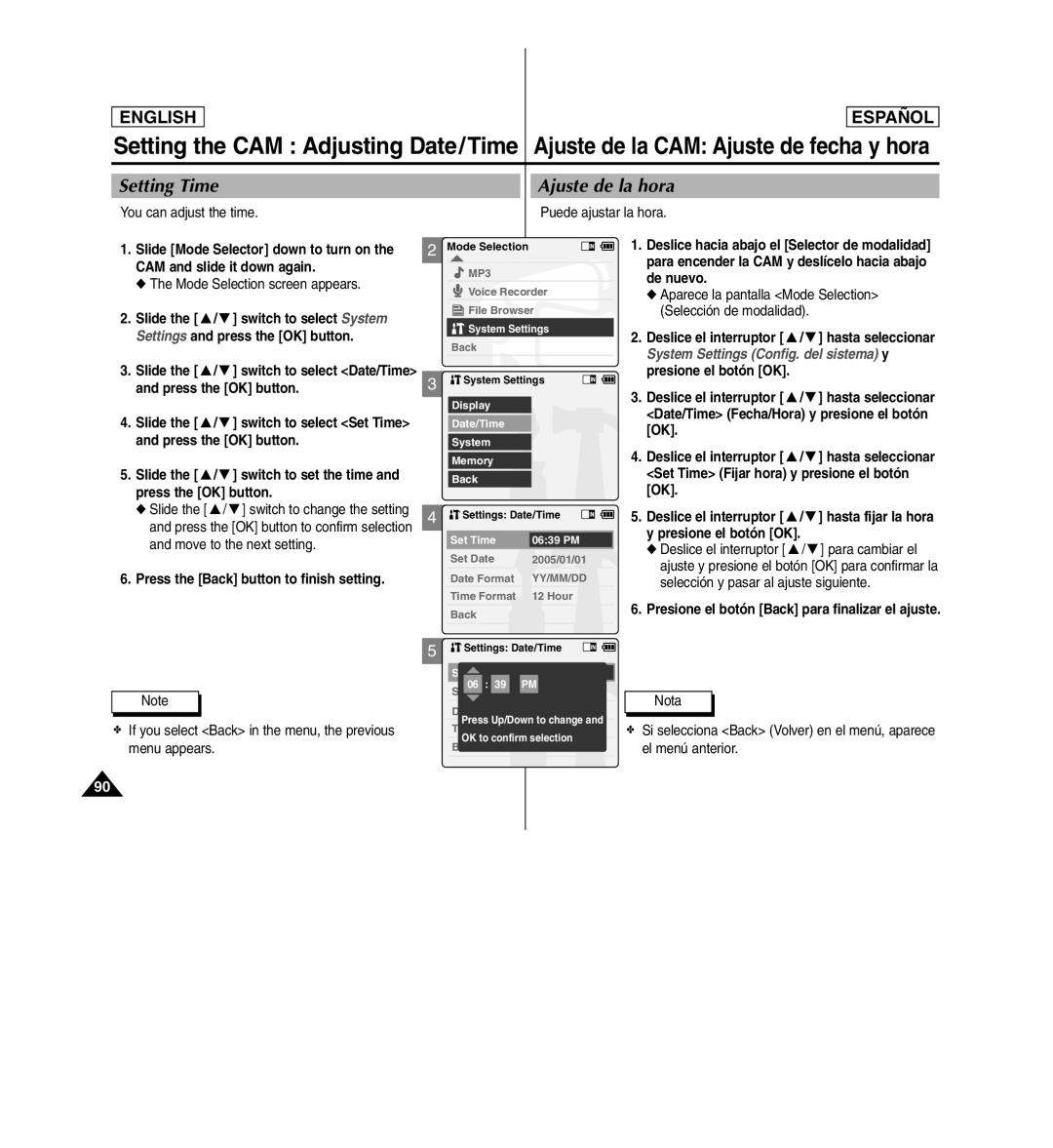 Samsung SC-X110L manual Setting Time, Ajuste de la hora, You can adjust the time Puede ajustar la hora 