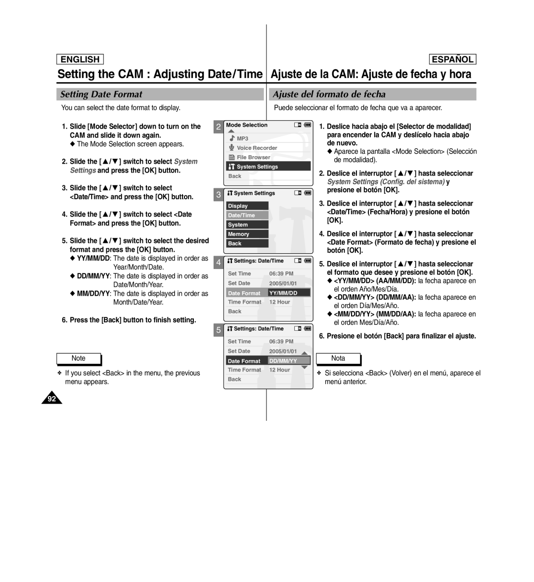 Samsung SC-X110L manual Setting Date Format, Ajuste del formato de fecha, Date/Time and press the OK button 