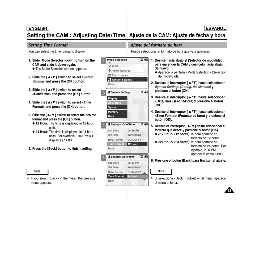 Samsung SC-X110L manual Setting Time Format, Ajuste del formato de hora, Units. For example, 200 PM will, Display as 