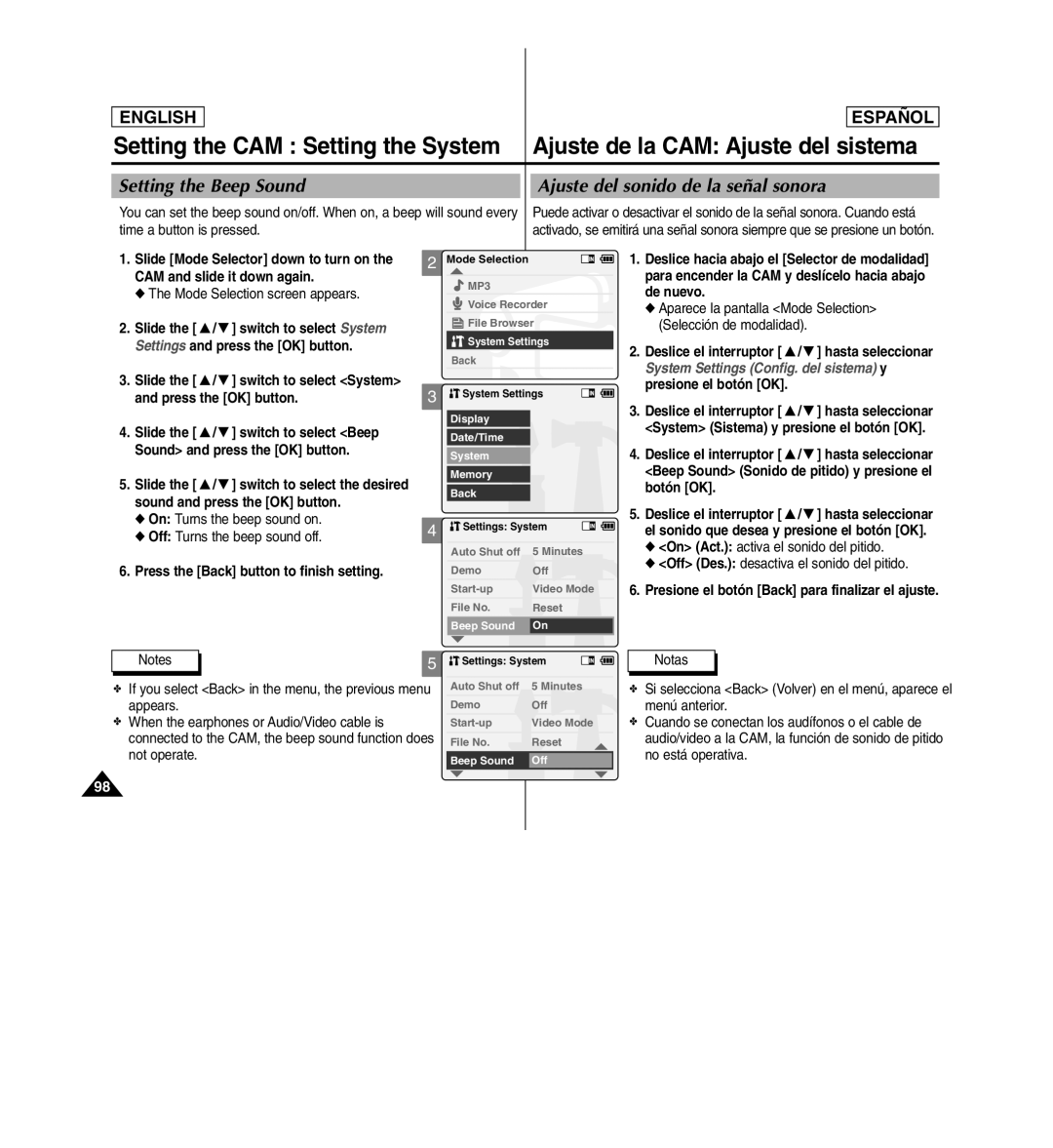 Samsung SC-X110L manual Setting the Beep Sound Ajuste del sonido de la señal sonora 