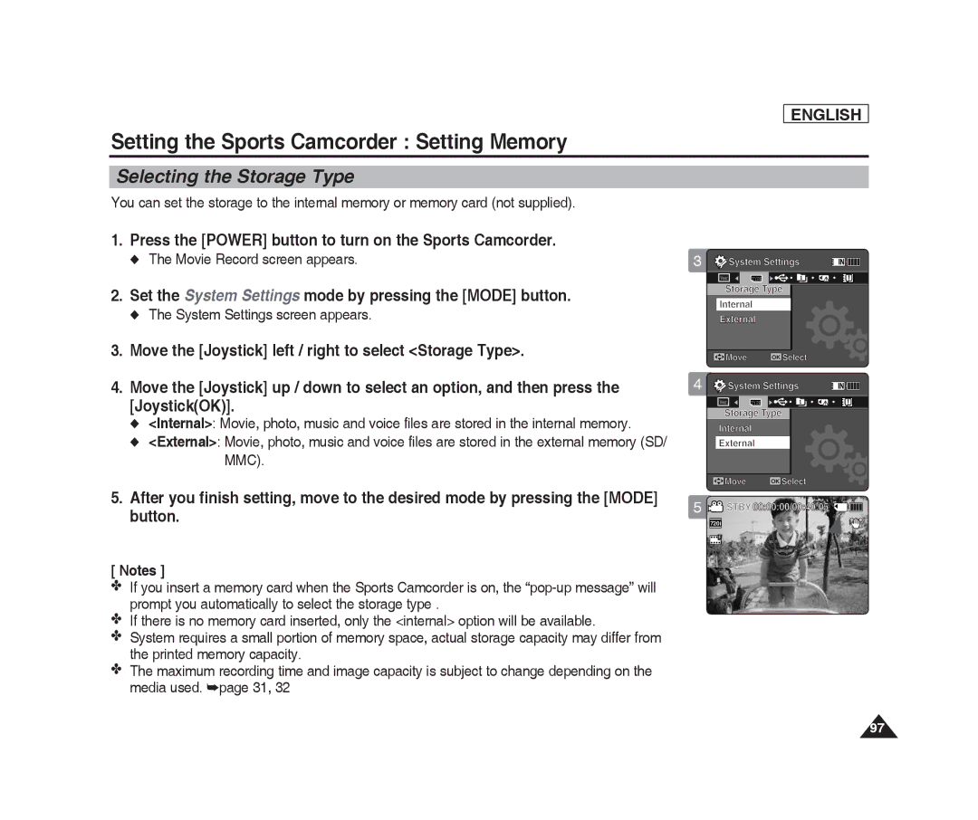 Samsung SC-X205L Setting the Sports Camcorder Setting Memory, Selecting the Storage Type, System Settings screen appears 