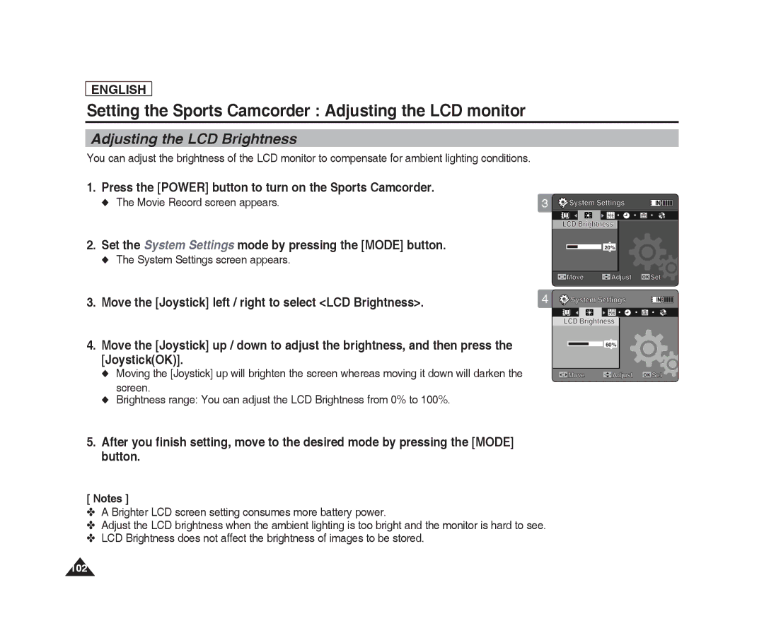 Samsung SC-X220L, SC-X205L manual Setting the Sports Camcorder Adjusting the LCD monitor, Adjusting the LCD Brightness 