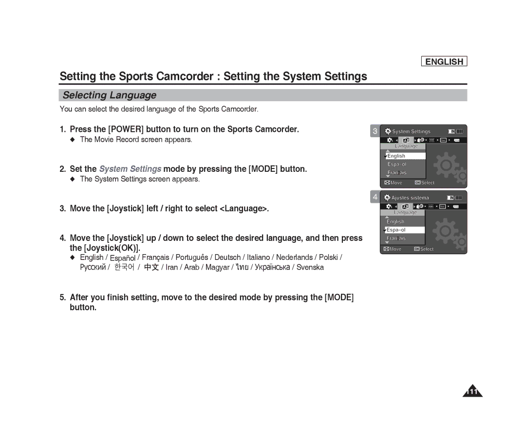 Samsung SC-X205L, SC-X220L manual Selecting Language, You can select the desired language of the Sports Camcorder 