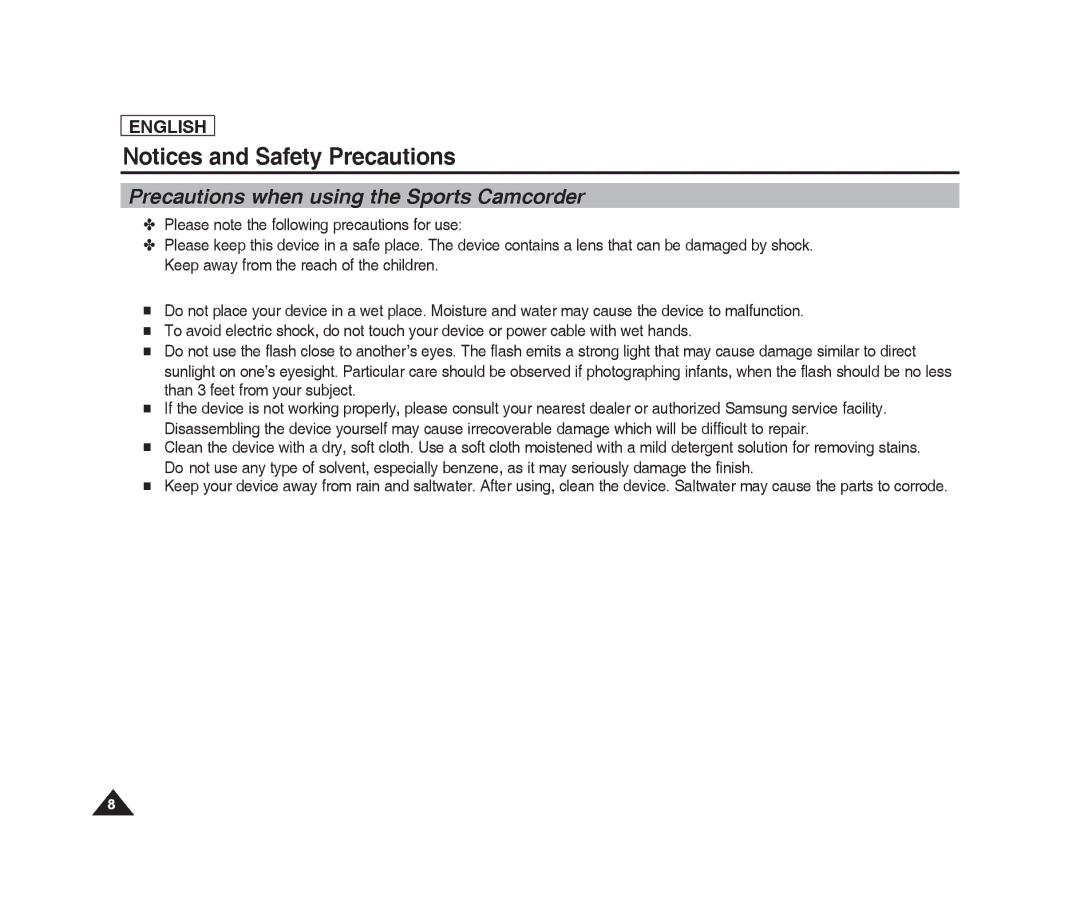 Samsung SC-X220L, SC-X205L manual Precautions when using the Sports Camcorder 