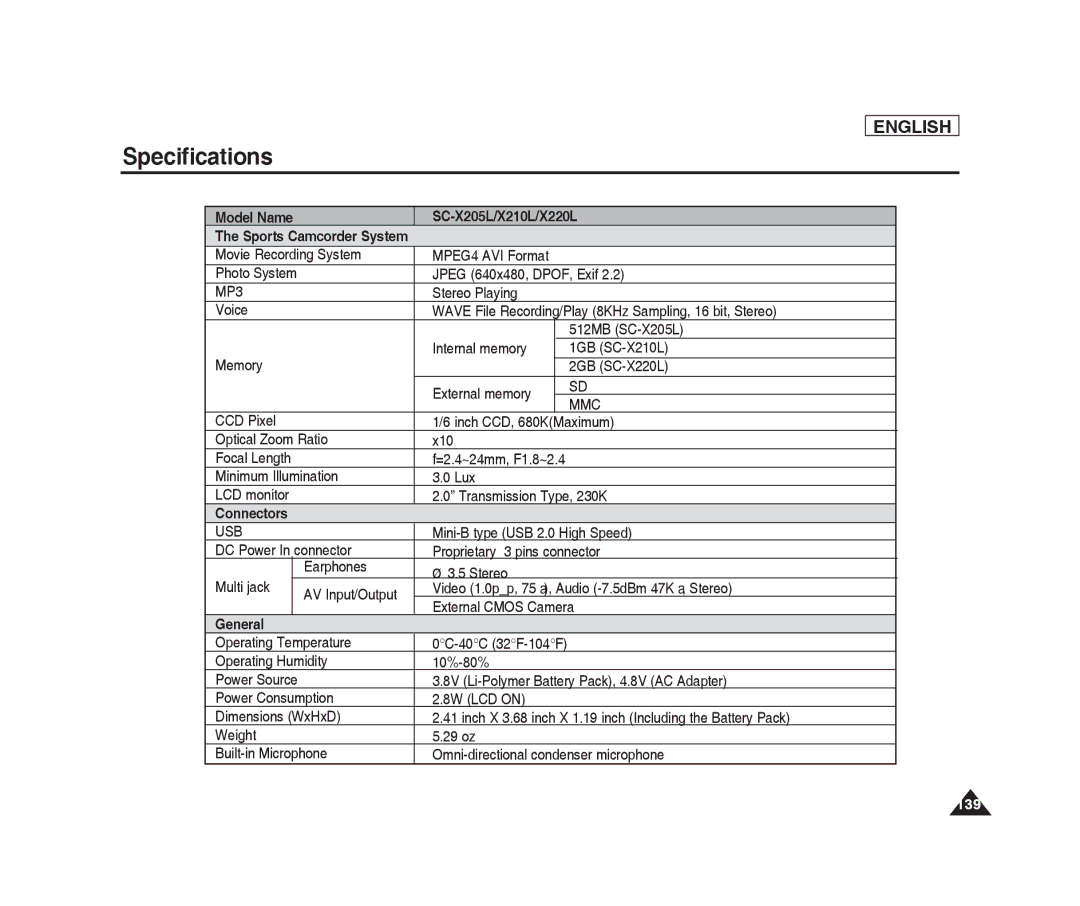 Samsung SC-X220L manual Specifications, SC-X205L/X210L/X220L, General 