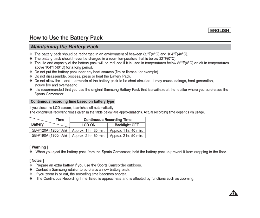 Samsung SC-X205L, SC-X220L Maintaining the Battery Pack, Continuous recording time based on battery type, SB-P190A 1900mAh 