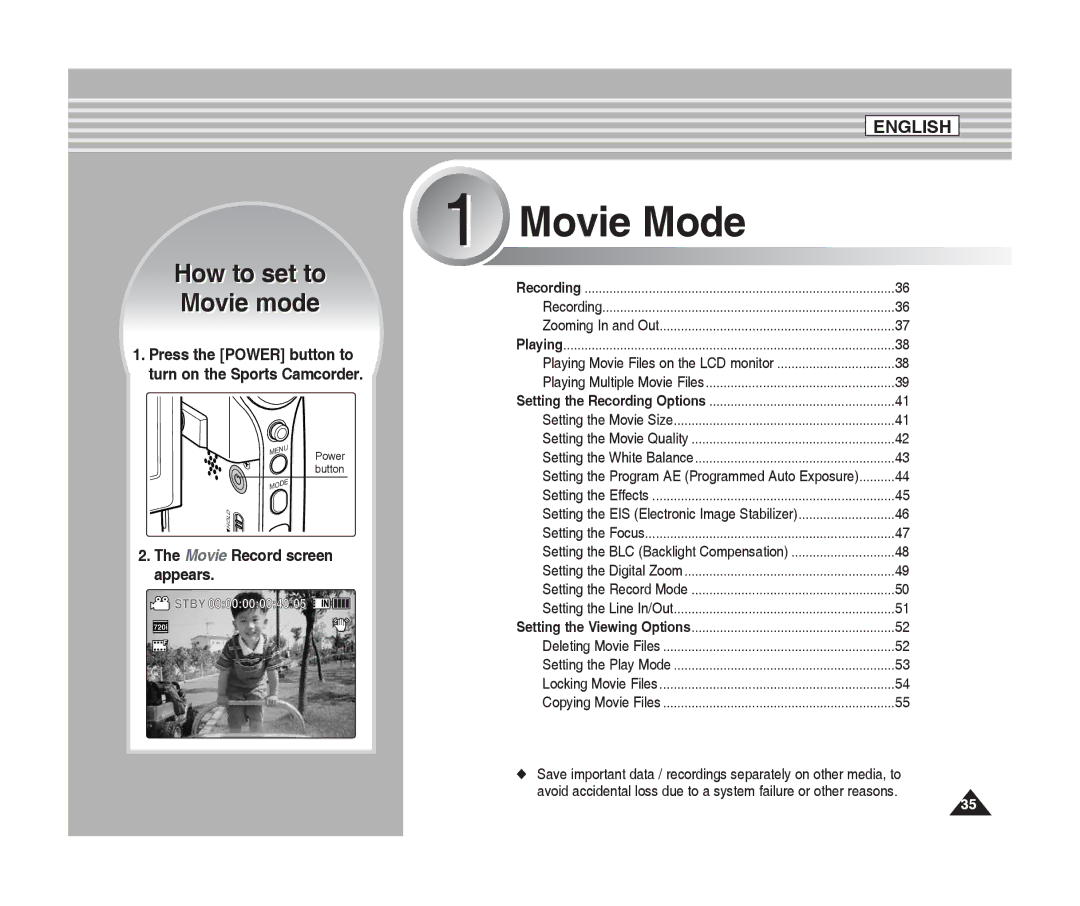 Samsung SC-X205L, SC-X220L manual How to set to Movie mode, Movie Record screen appears 