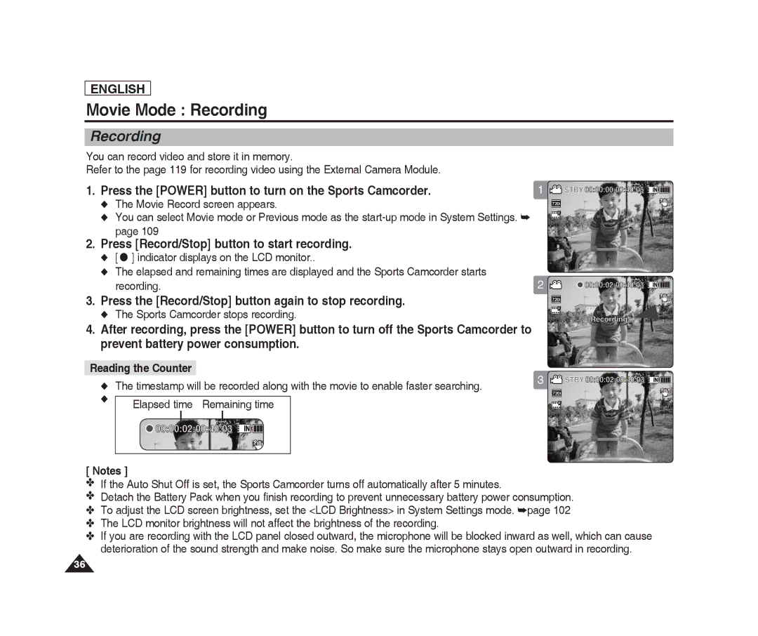 Samsung SC-X220L, SC-X205L manual Movie Mode Recording, Press Record/Stop button to start recording, Reading the Counter 