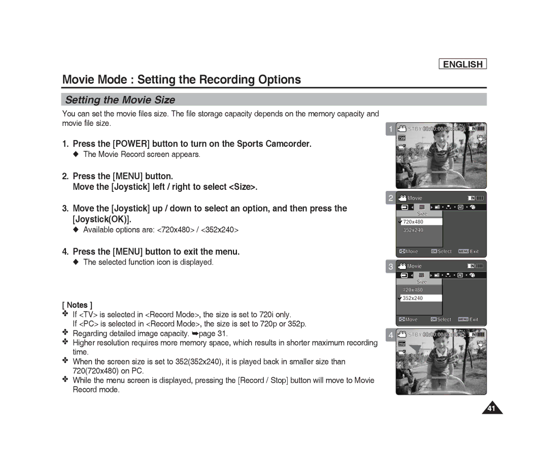 Samsung SC-X205L Movie Mode Setting the Recording Options, Setting the Movie Size, Press the Menu button to exit the menu 