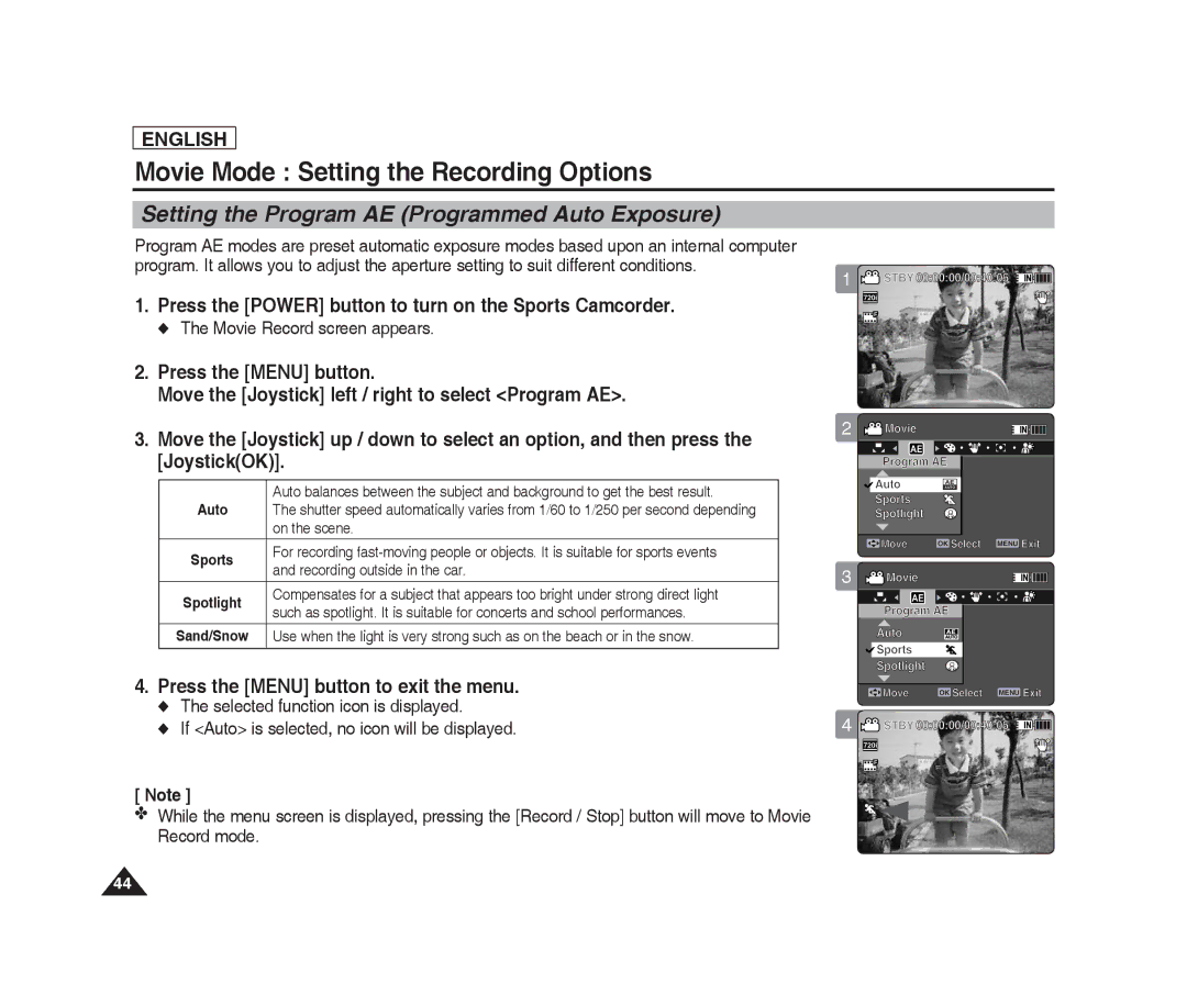 Samsung SC-X220L, SC-X205L manual Setting the Program AE Programmed Auto Exposure 