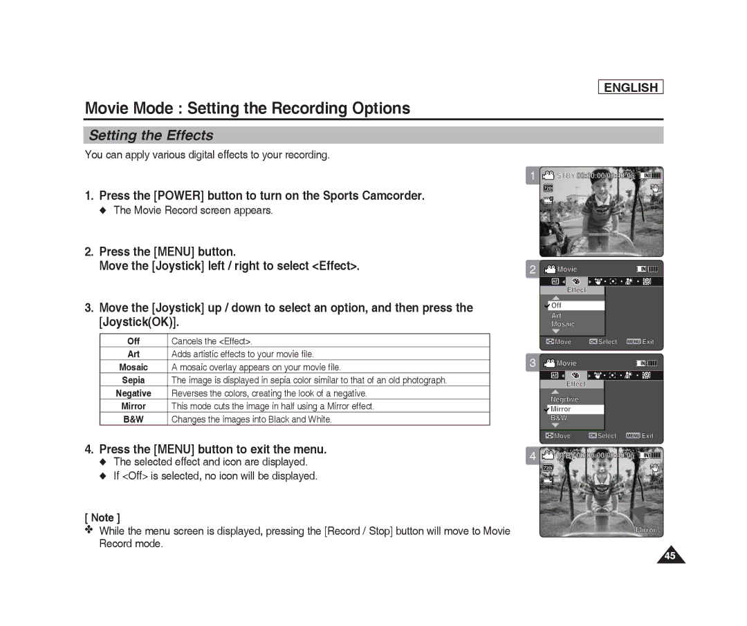 Samsung SC-X205L, SC-X220L manual Setting the Effects, Move the Joystick left / right to select Effect 