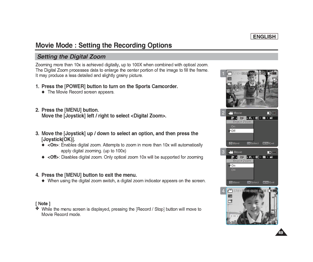 Samsung SC-X205L, SC-X220L manual Setting the Digital Zoom, Apply digital zooming. up to 