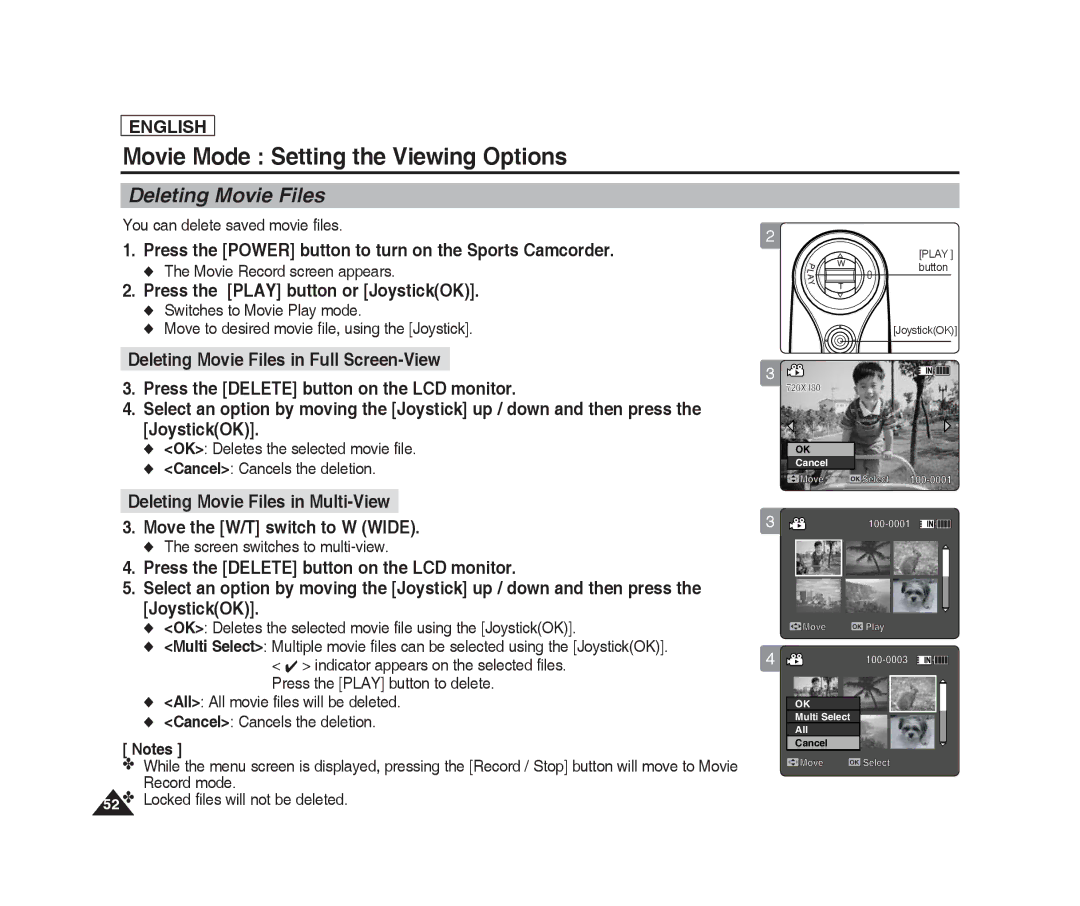 Samsung SC-X220L, SC-X205L Movie Mode Setting the Viewing Options, Deleting Movie Files, You can delete saved movie files 