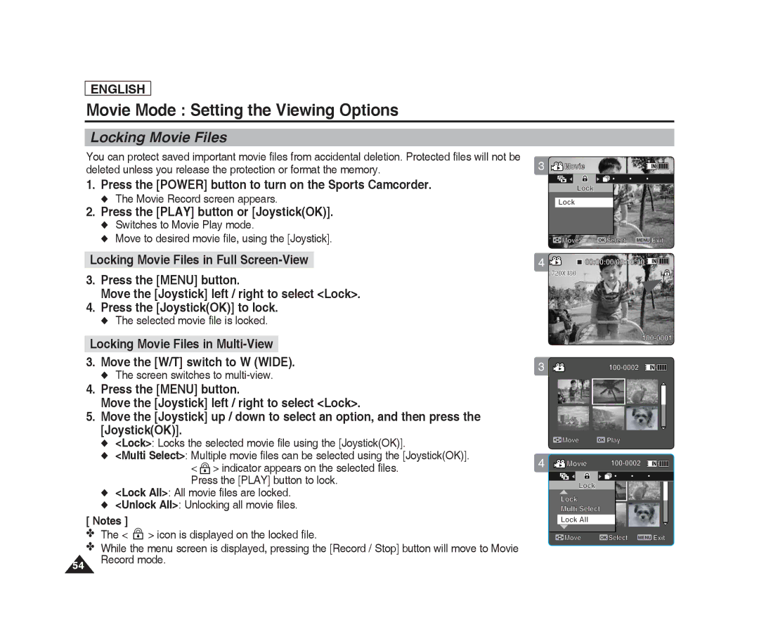 Samsung SC-X220L, SC-X205L Locking Movie Files, Selected movie file is locked, Screen switches to multi-view, Record mode 