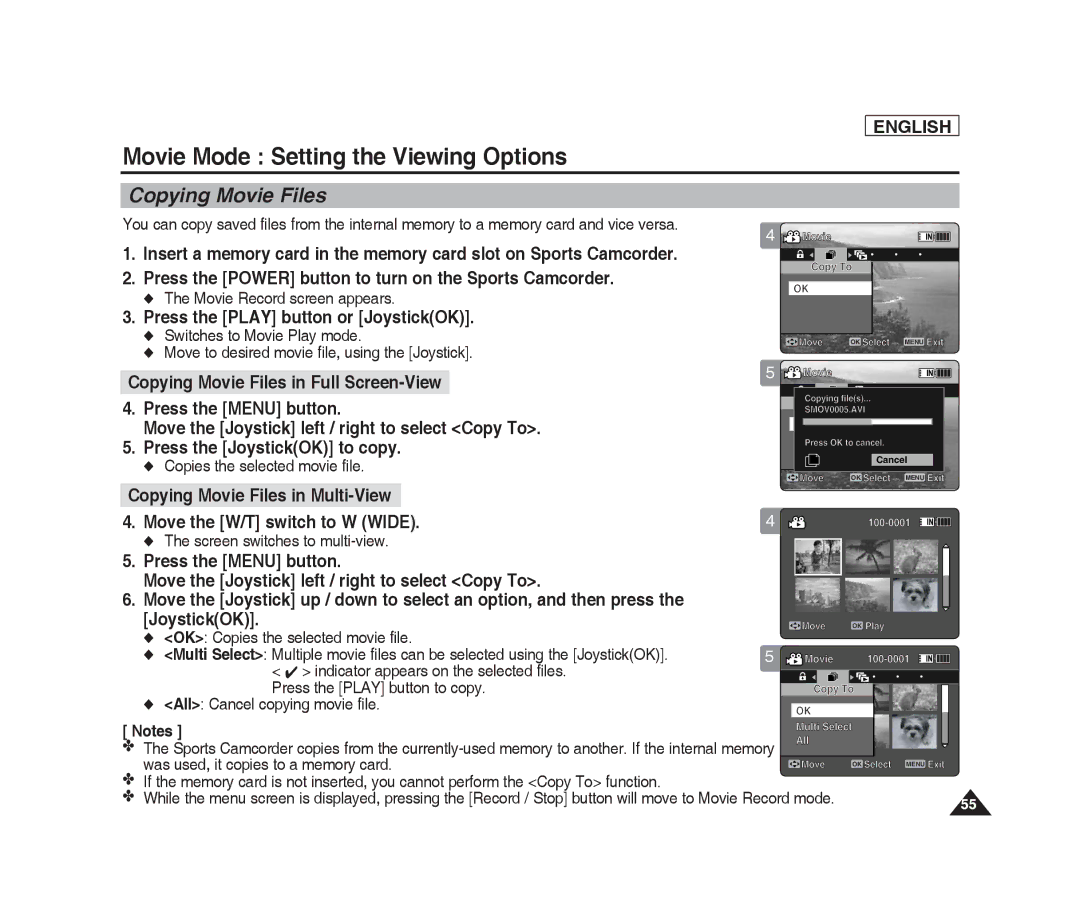 Samsung SC-X205L, SC-X220L manual Copying Movie Files in Multi-View, Was used, it copies to a memory card 