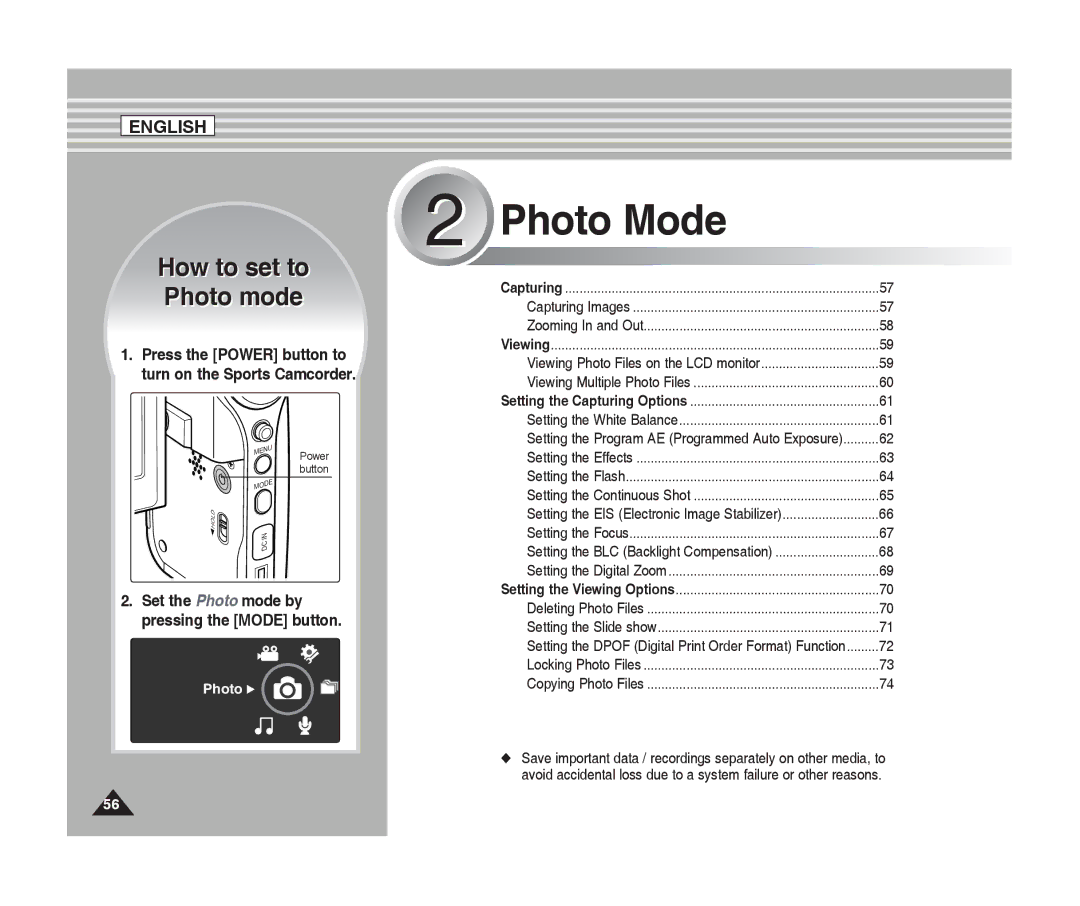 Samsung SC-X220L, SC-X205L manual Photo Mode 