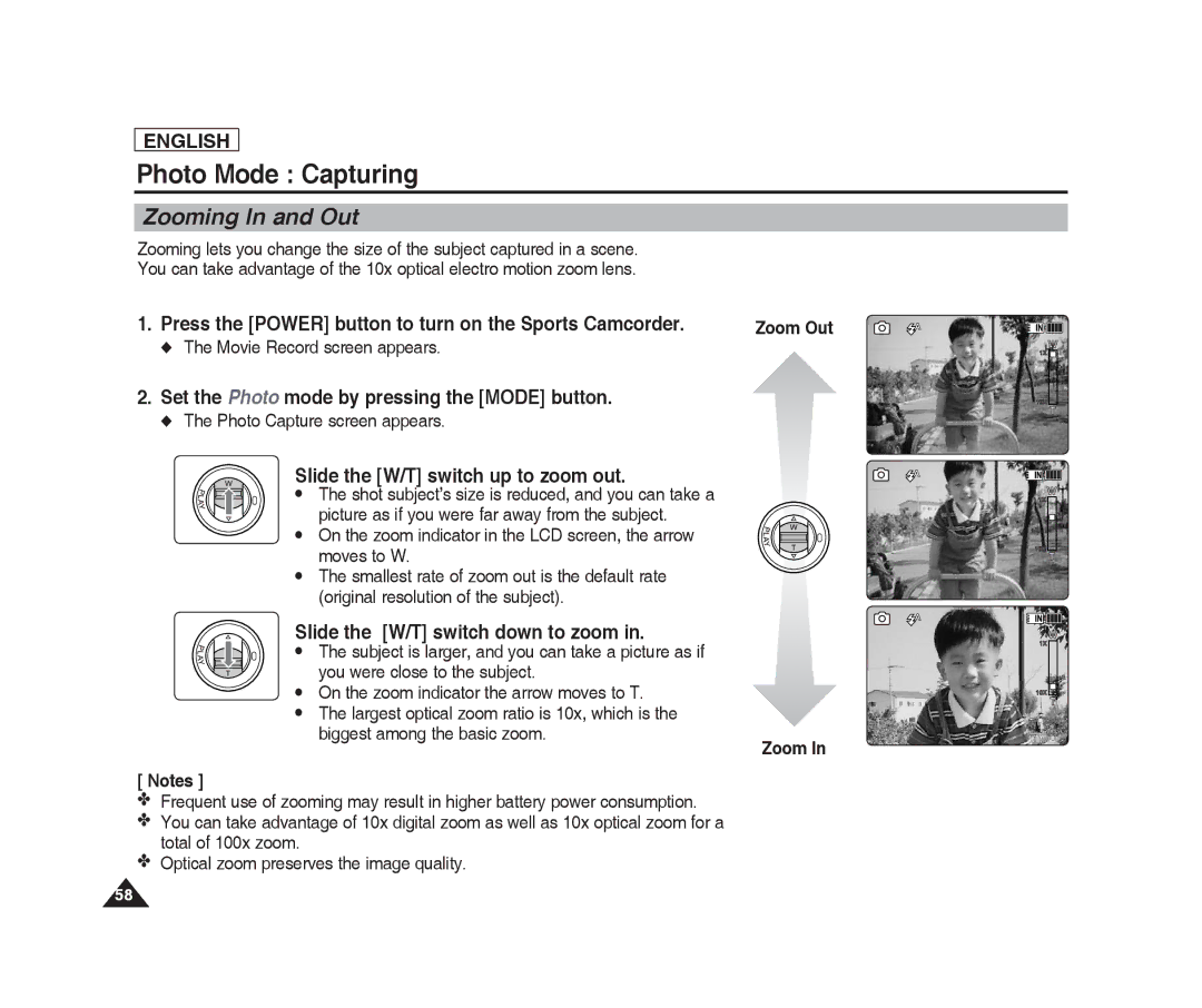 Samsung SC-X220L, SC-X205L manual Zooming In and Out, Photo Capture screen appears 