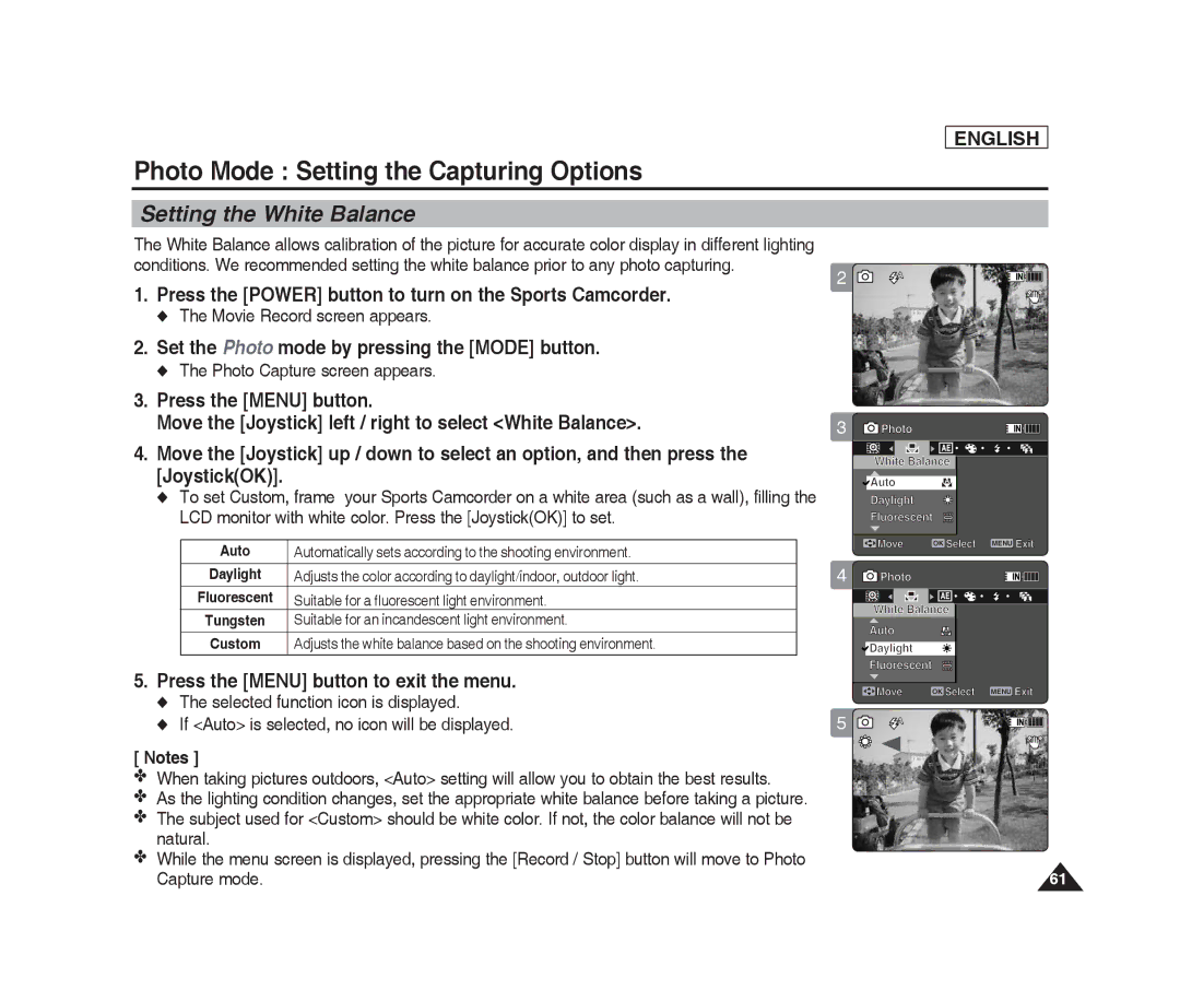 Samsung SC-X205L Photo Mode Setting the Capturing Options, Set the Photo mode by pressing the Mode button, JoystickOK 