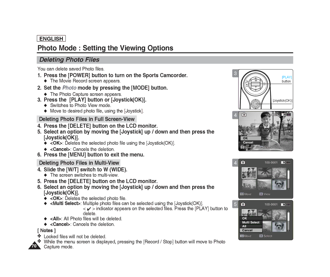 Samsung SC-X220L, SC-X205L Photo Mode Setting the Viewing Options, Deleting Photo Files, You can delete saved Photo files 