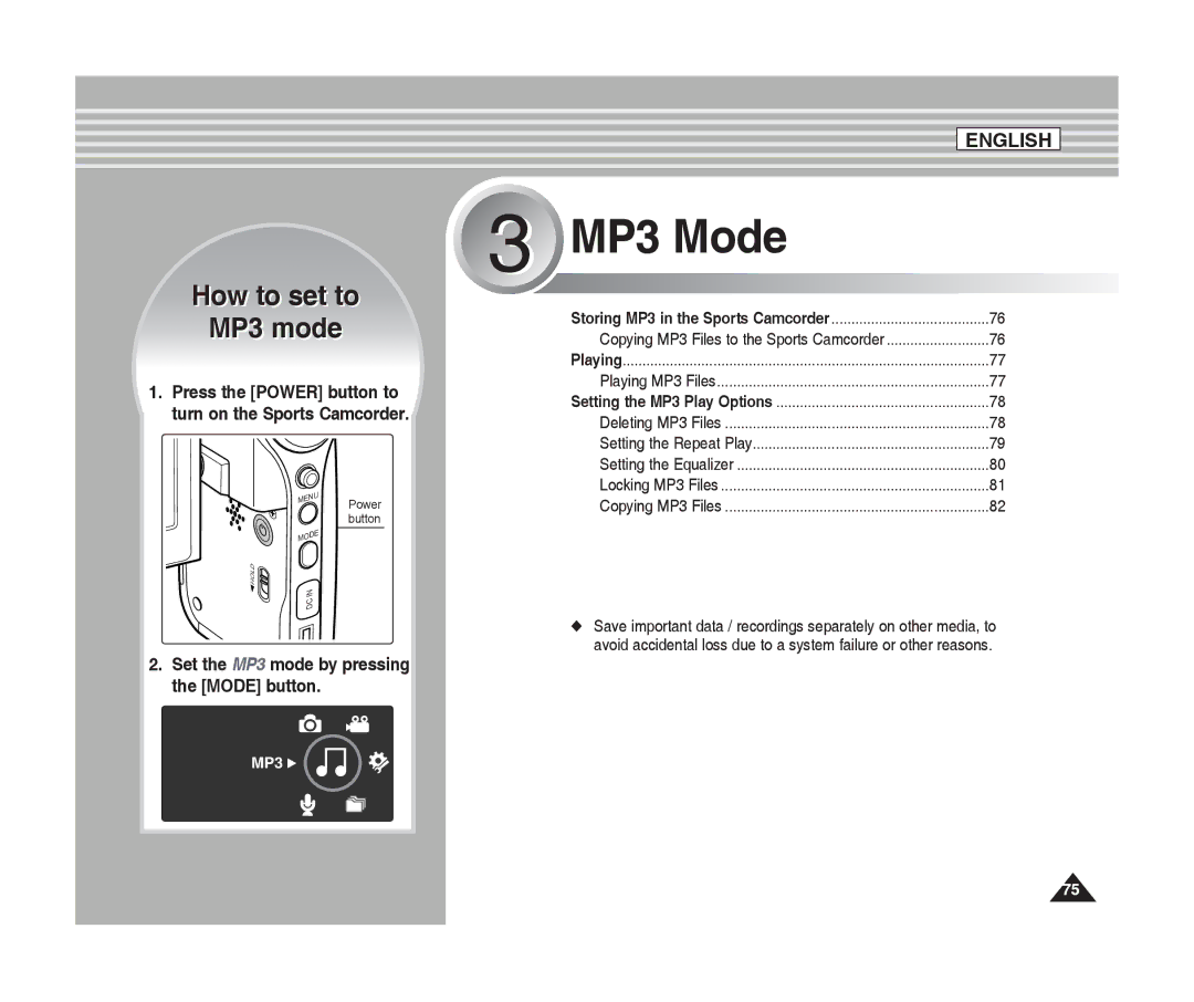 Samsung SC-X205L, SC-X220L manual How to set to MP3 mode, Set the MP3 mode by pressing the Mode button 