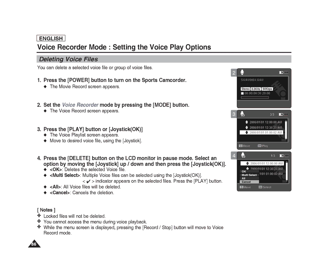 Samsung SC-X220L, SC-X205L manual Voice Recorder Mode Setting the Voice Play Options, Deleting Voice Files 