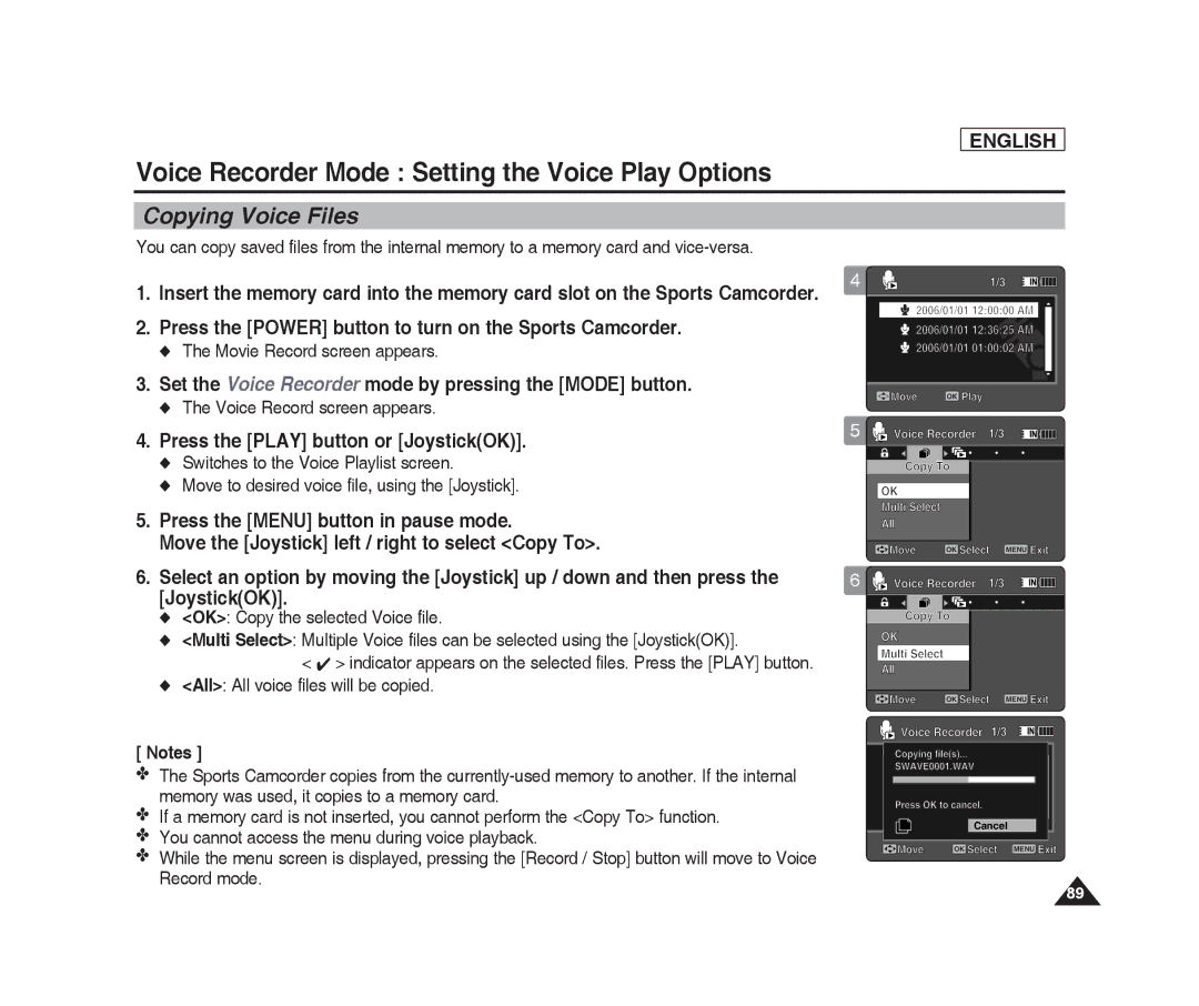 Samsung SC-X205L, SC-X220L manual Copying Voice Files, All All voice files will be copied 