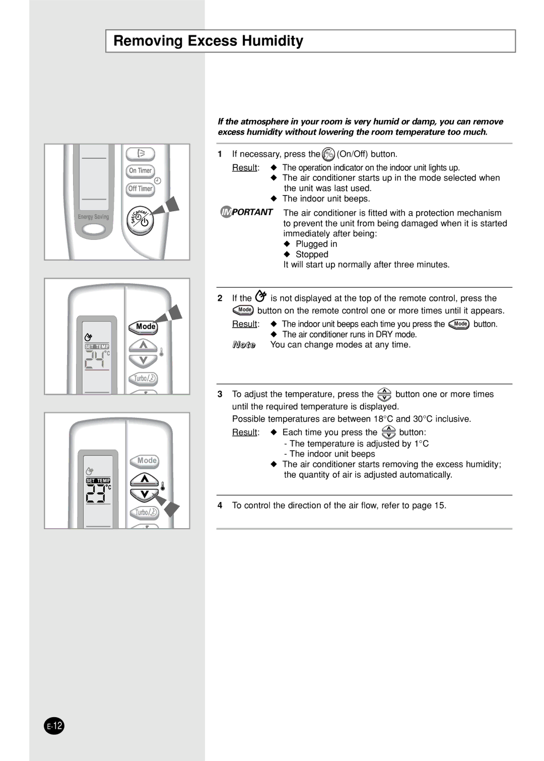 Samsung SC05ZZ8X/SER, SC05ZZ8/SER manual Removing Excess Humidity 