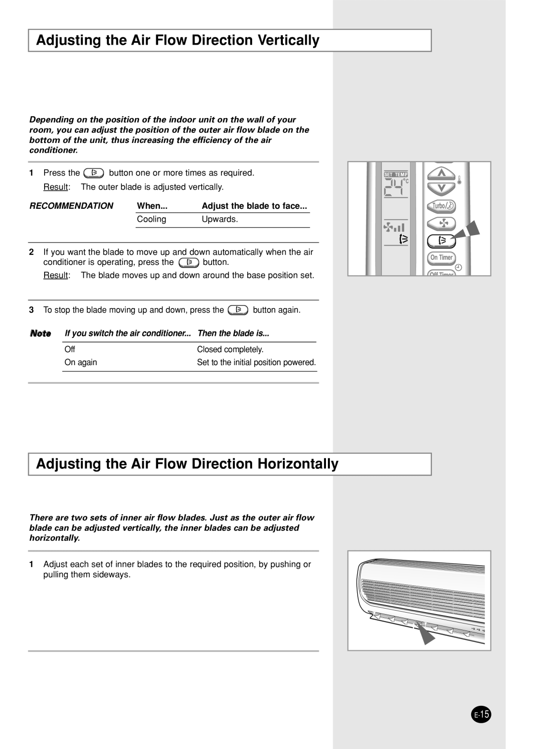 Samsung SC05ZZ8/SER manual Adjusting the Air Flow Direction Vertically, Adjusting the Air Flow Direction Horizontally 