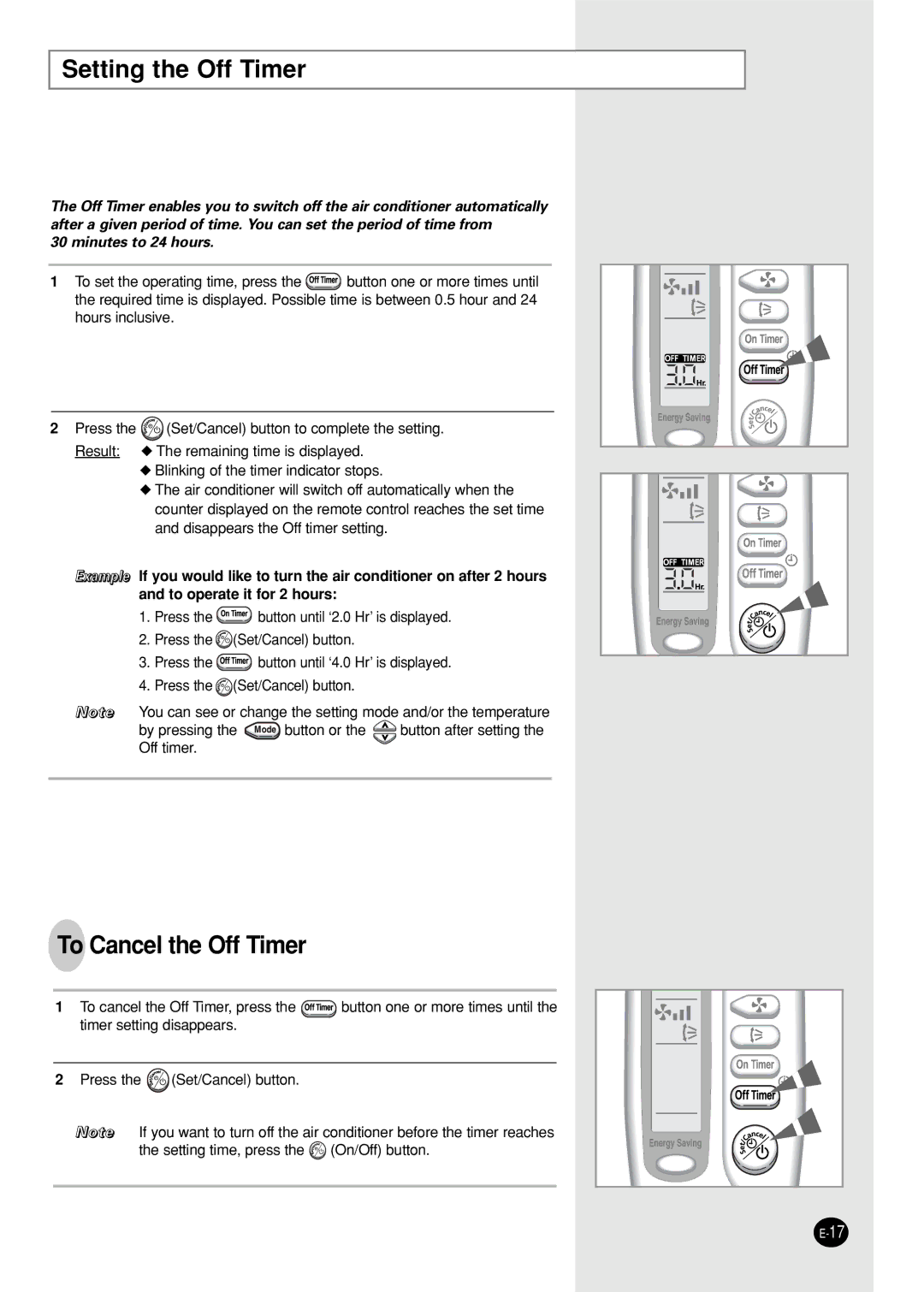 Samsung SC05ZZ8/SER, SC05ZZ8X/SER manual Setting the Off Timer, To Cancel the Off Timer 